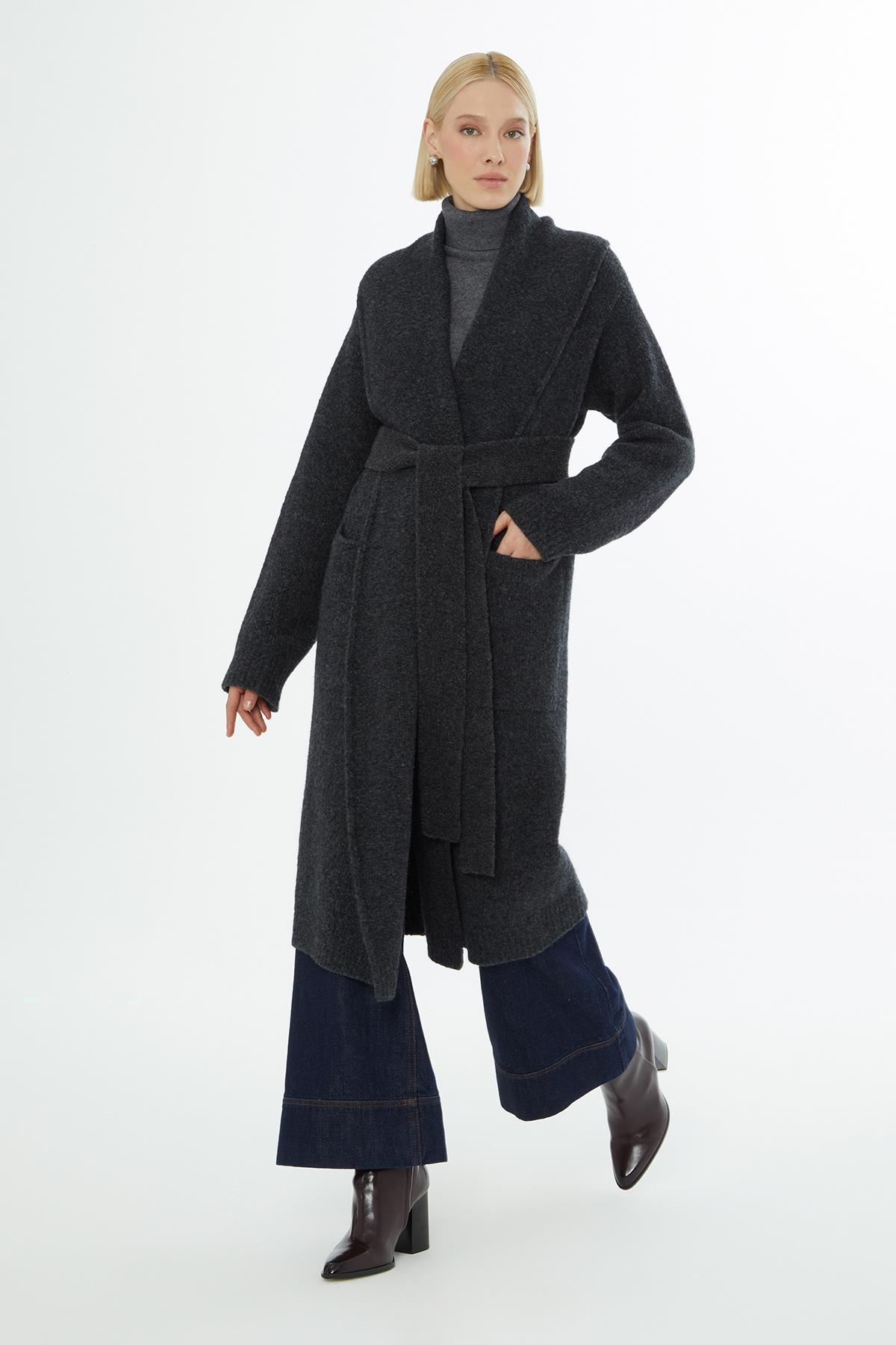 Grey Coat with Shawl Collar, Appliqué and Long Sleeves