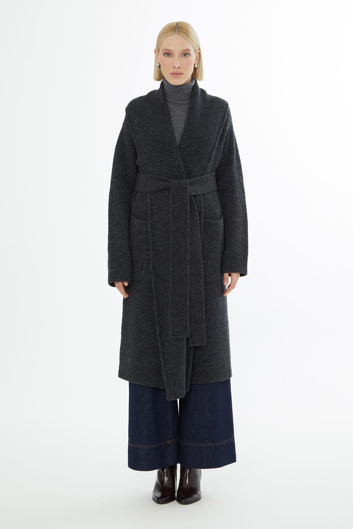 Grey Coat with Shawl Collar, Appliqué and Long Sleeves