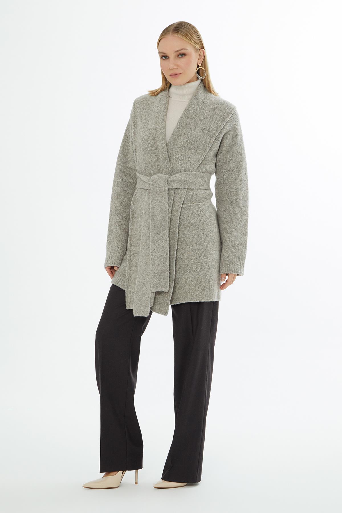 Grey Cardigan with Shawl Collar, Appliqué and Long Sleeves