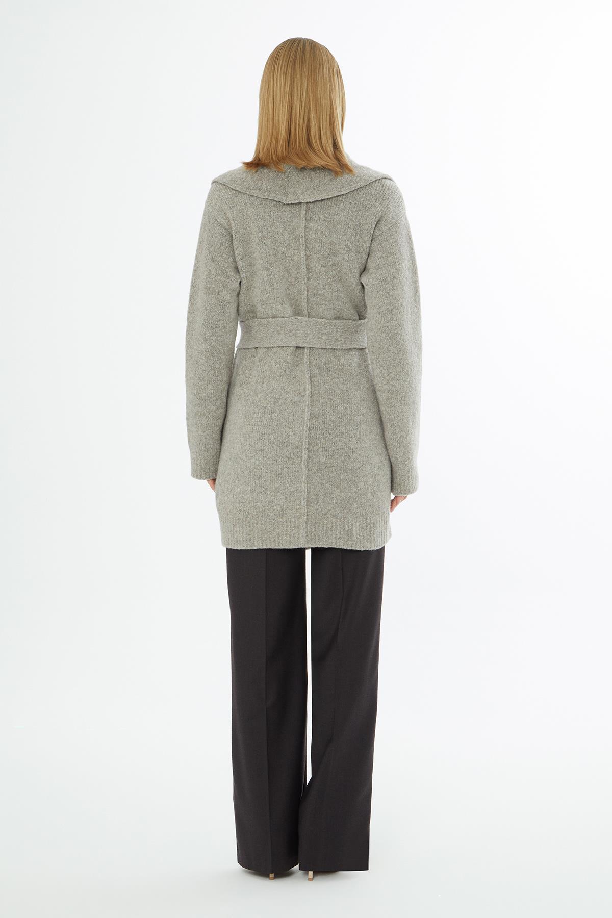 Grey Cardigan with Shawl Collar, Appliqué and Long Sleeves