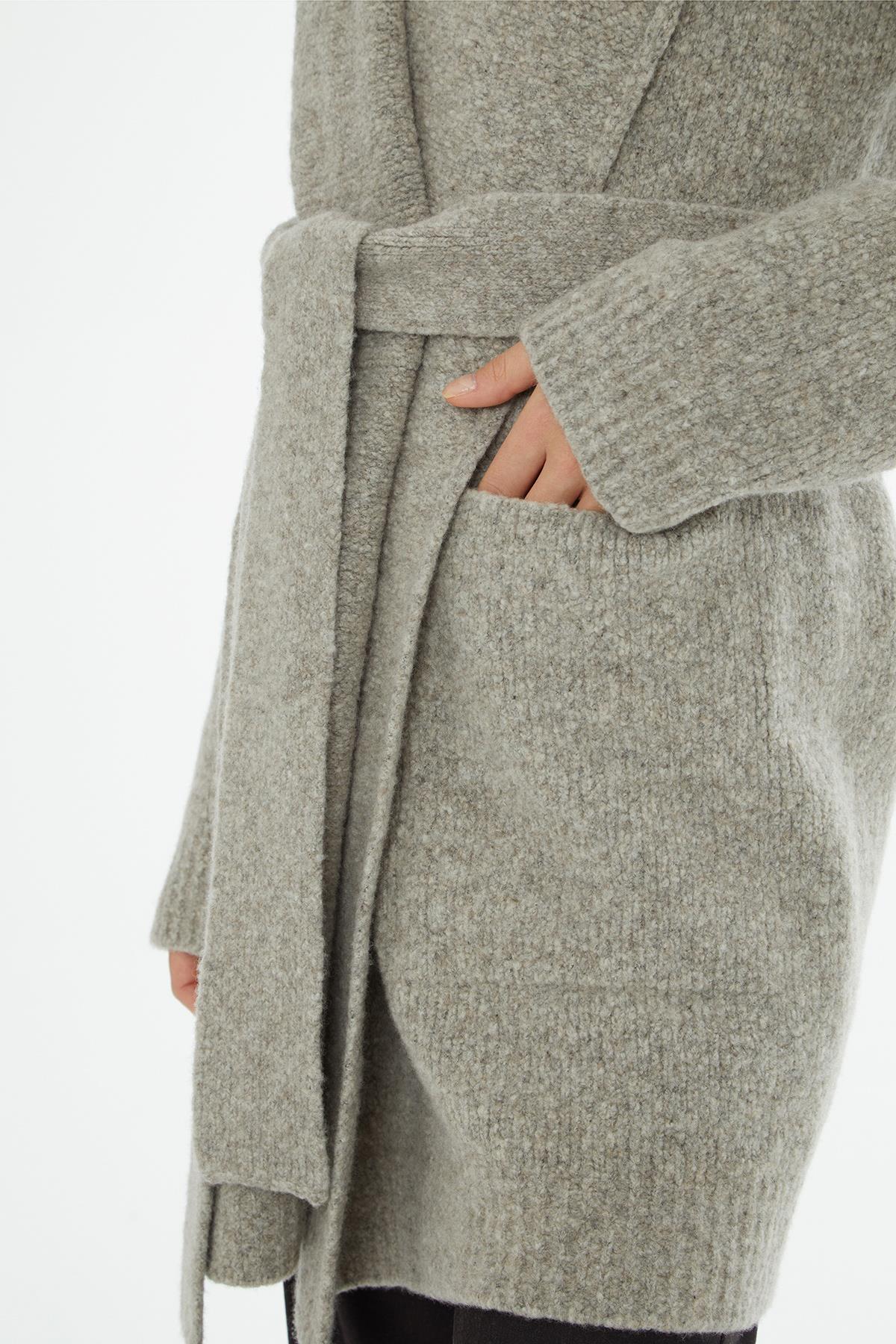 Grey Cardigan with Shawl Collar, Appliqué and Long Sleeves