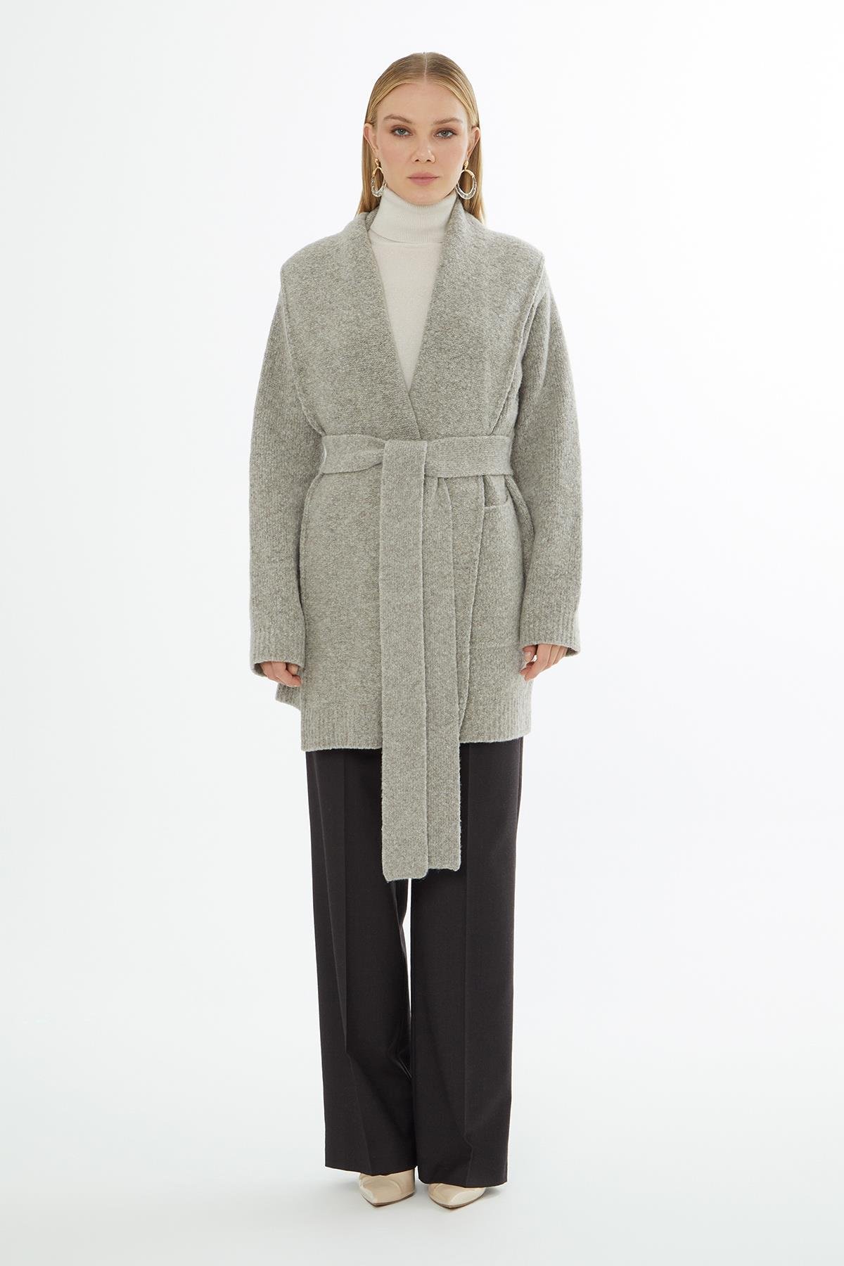 Grey Cardigan with Shawl Collar, Appliqué and Long Sleeves