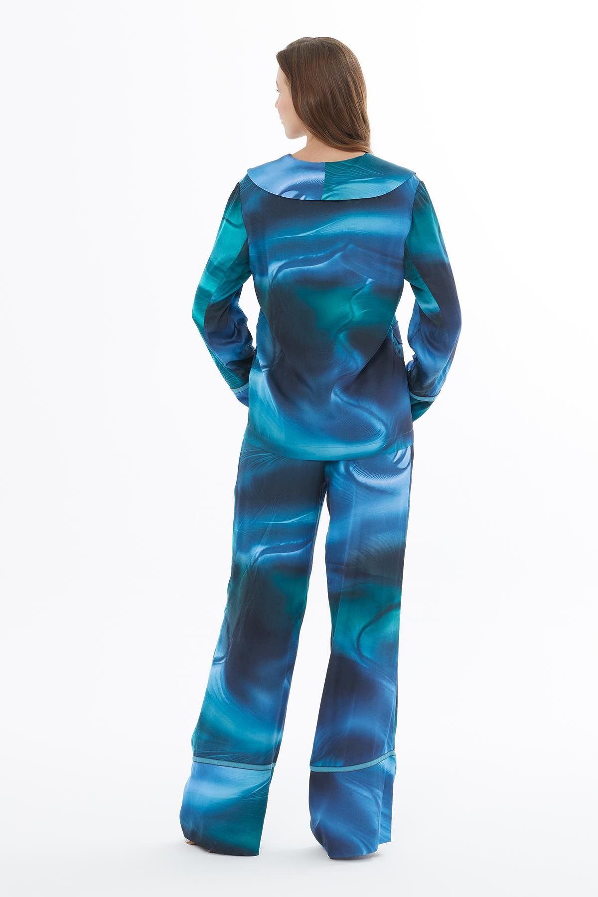 Şal Yaka Mavi Turkuaz Desenli Bluz