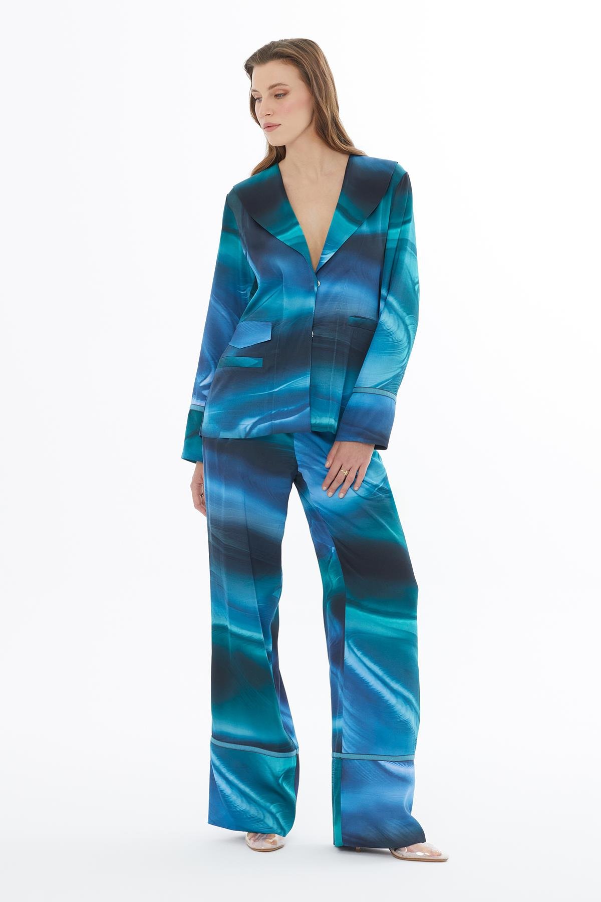 Şal Yaka Mavi Turkuaz Desenli Bluz