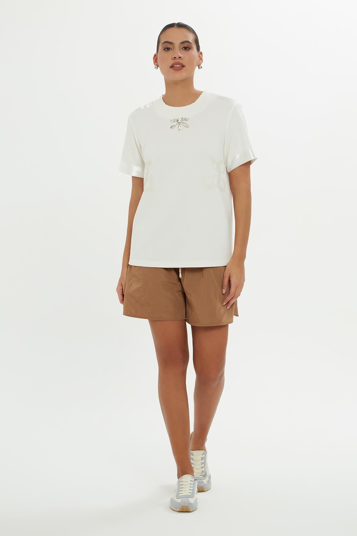 Ecru Blouse With Mother-Of-Pearl Satin Strips And Embroidery Details