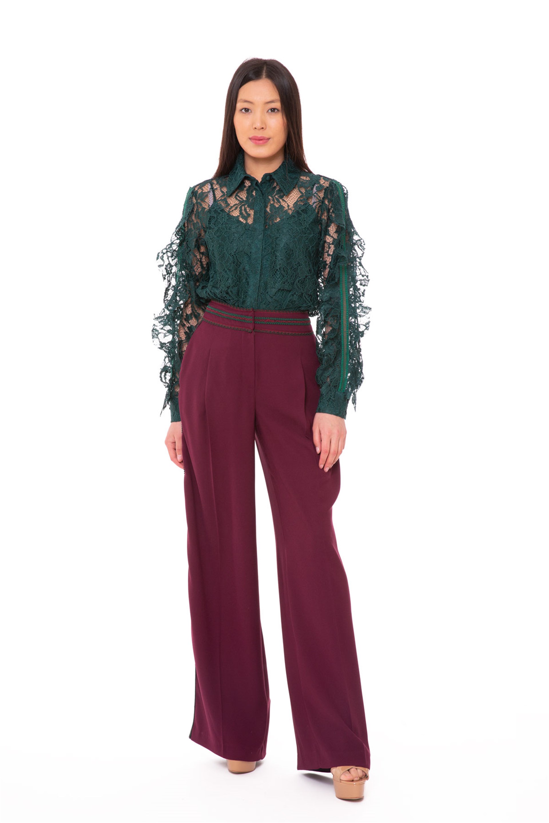 Sheer Detailed Wide Leg Classic Red Trousers
