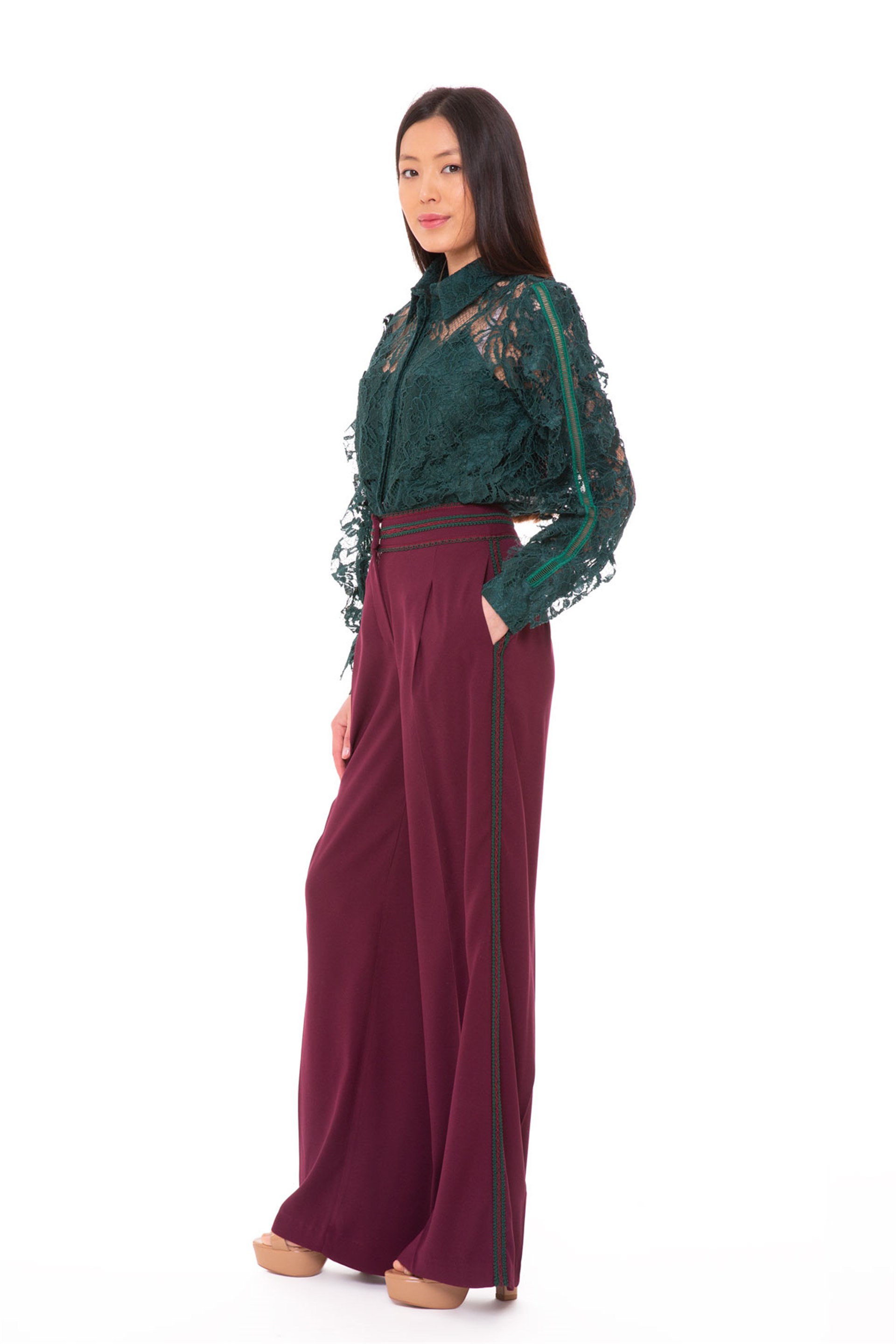 Sheer Detailed Wide Leg Classic Red Trousers