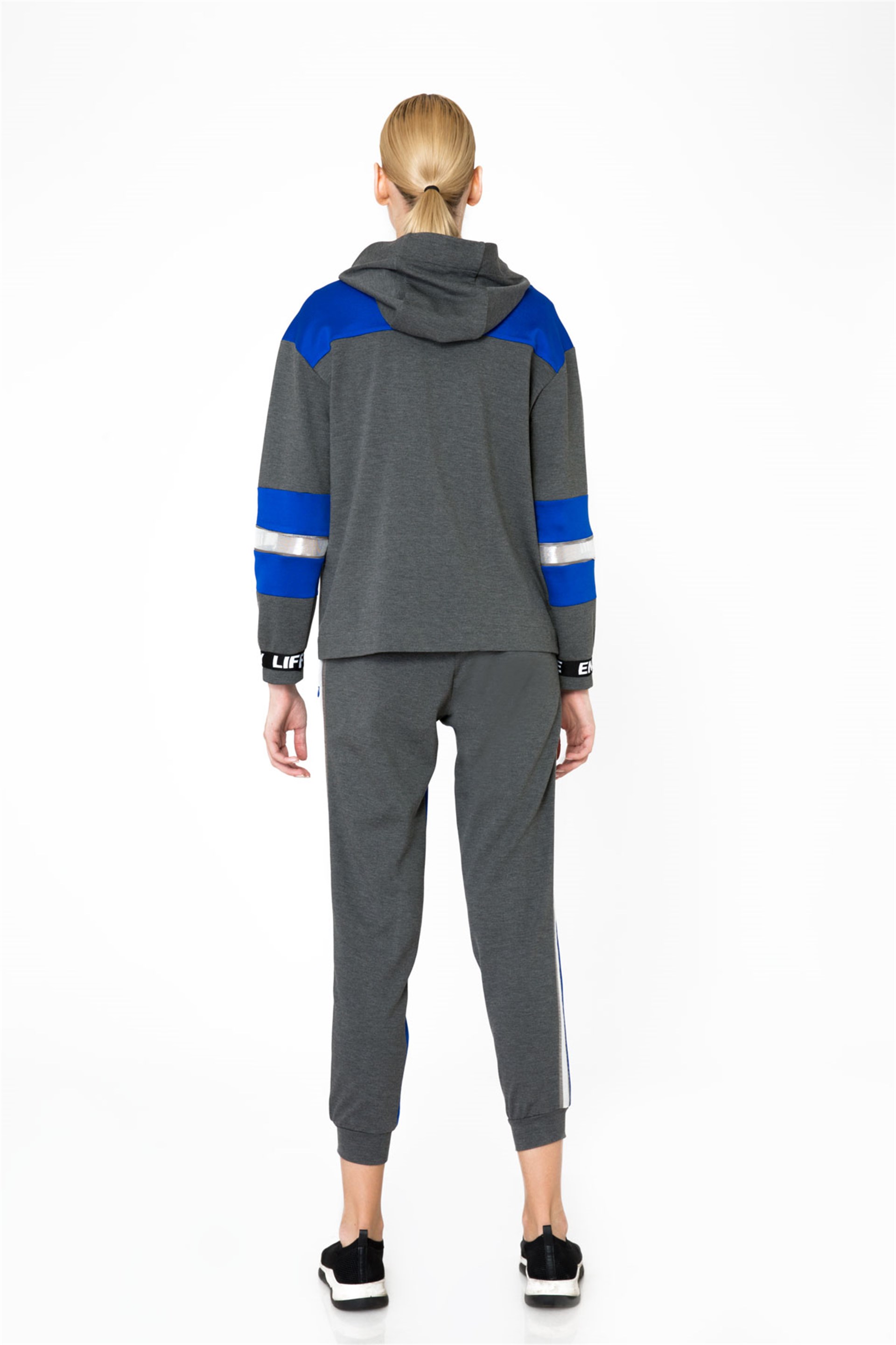 Şerit Detaylı Kapüşonlu Gri Fermuarlı Sweatshirt