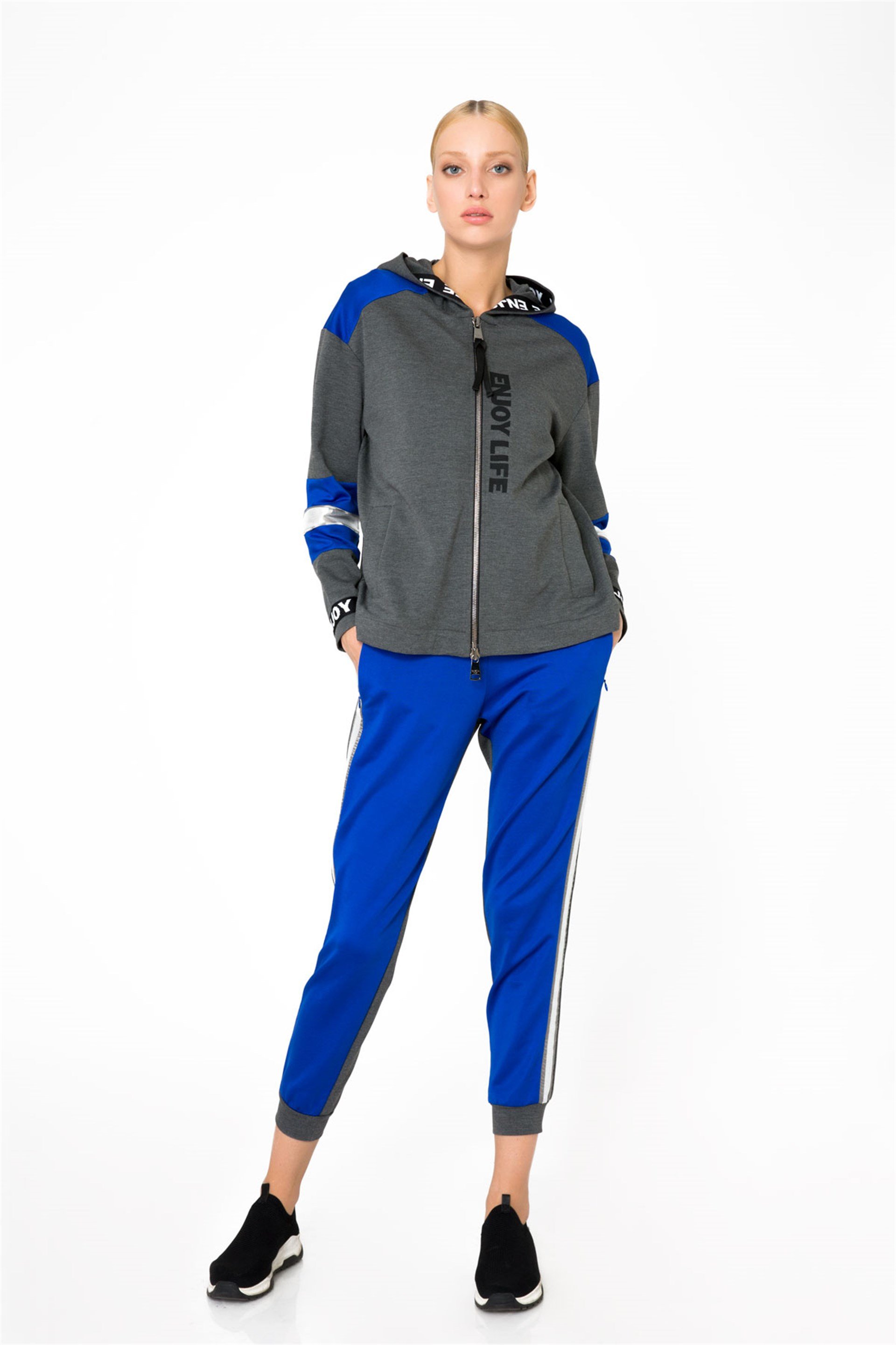 Şerit Detaylı Kapüşonlu Gri Fermuarlı Sweatshirt