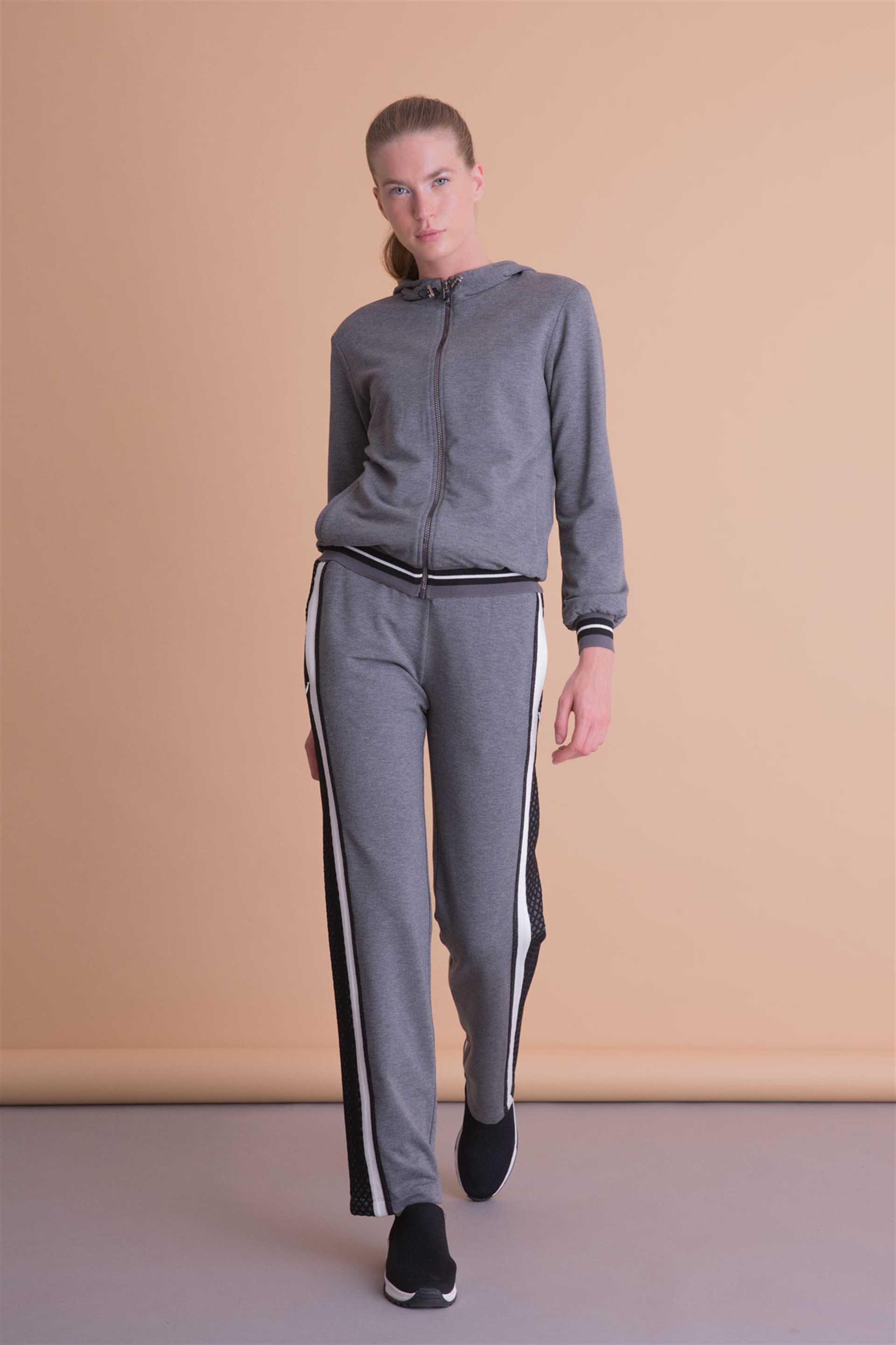 Stripe Mesh Detailed Anthracite Gray Sports Trousers