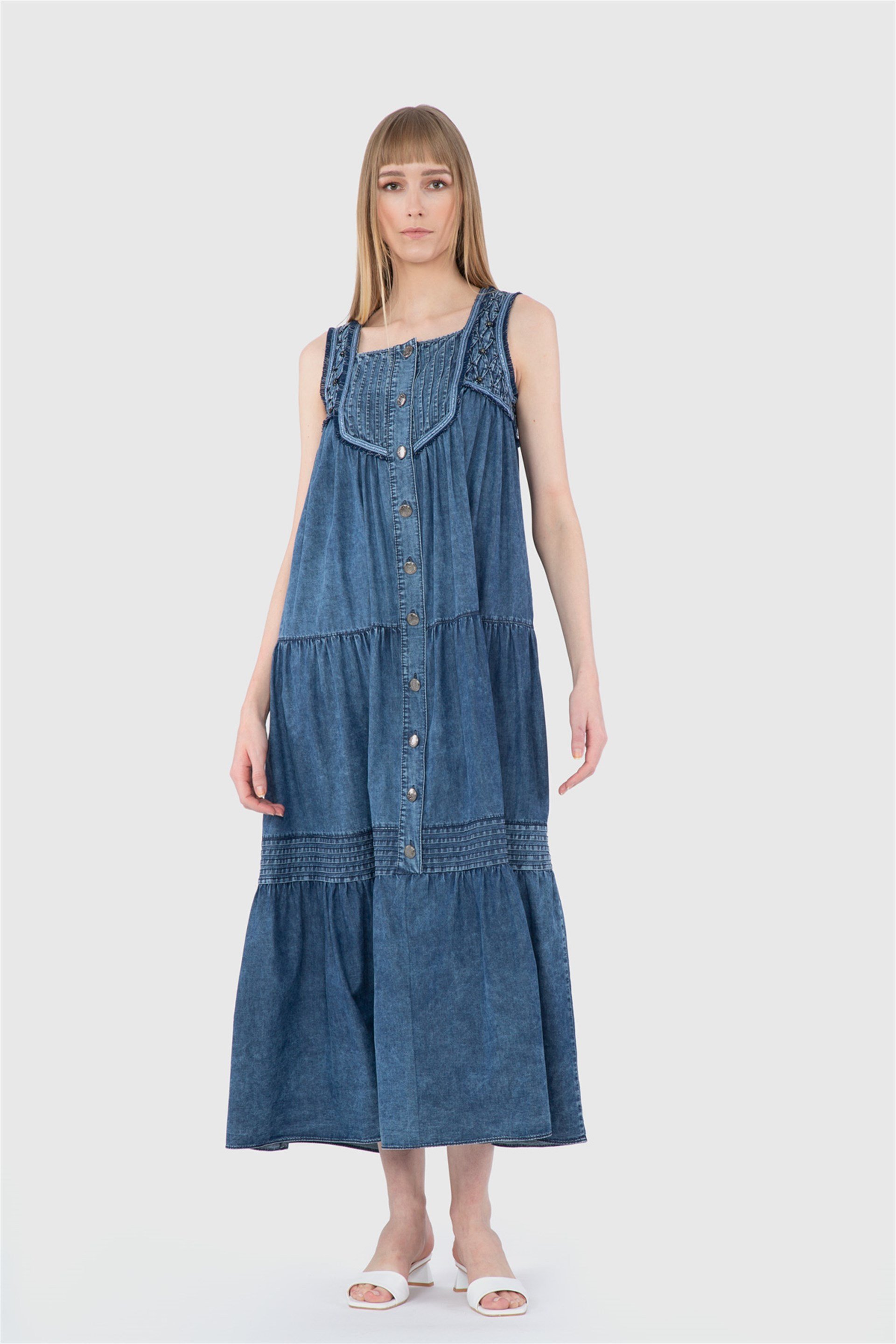 Stripe And Stitching Detail Front Buttoned Dress