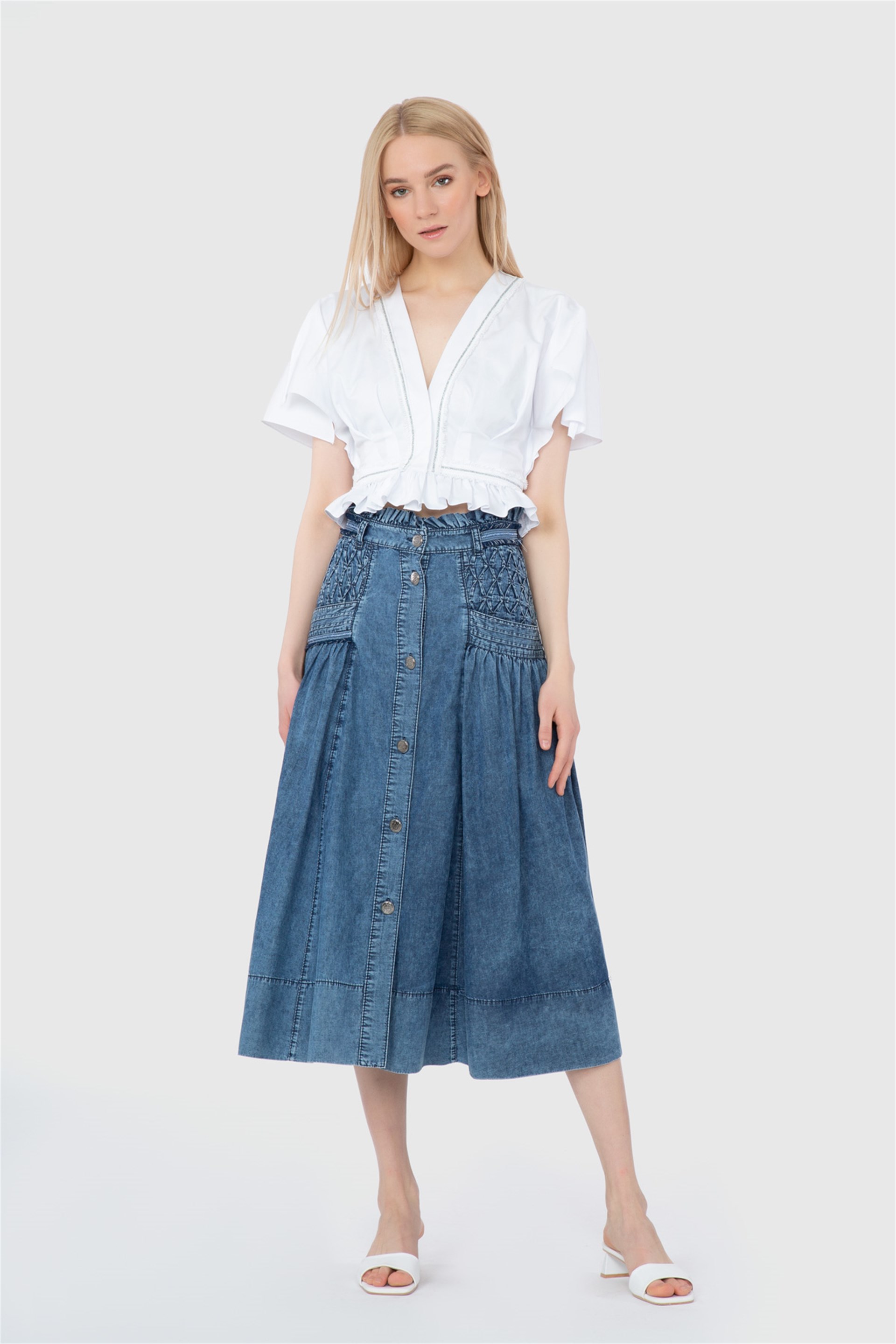 Stripe And Ruffle Detailed V-Neck Crop Length Poplin White Blouse