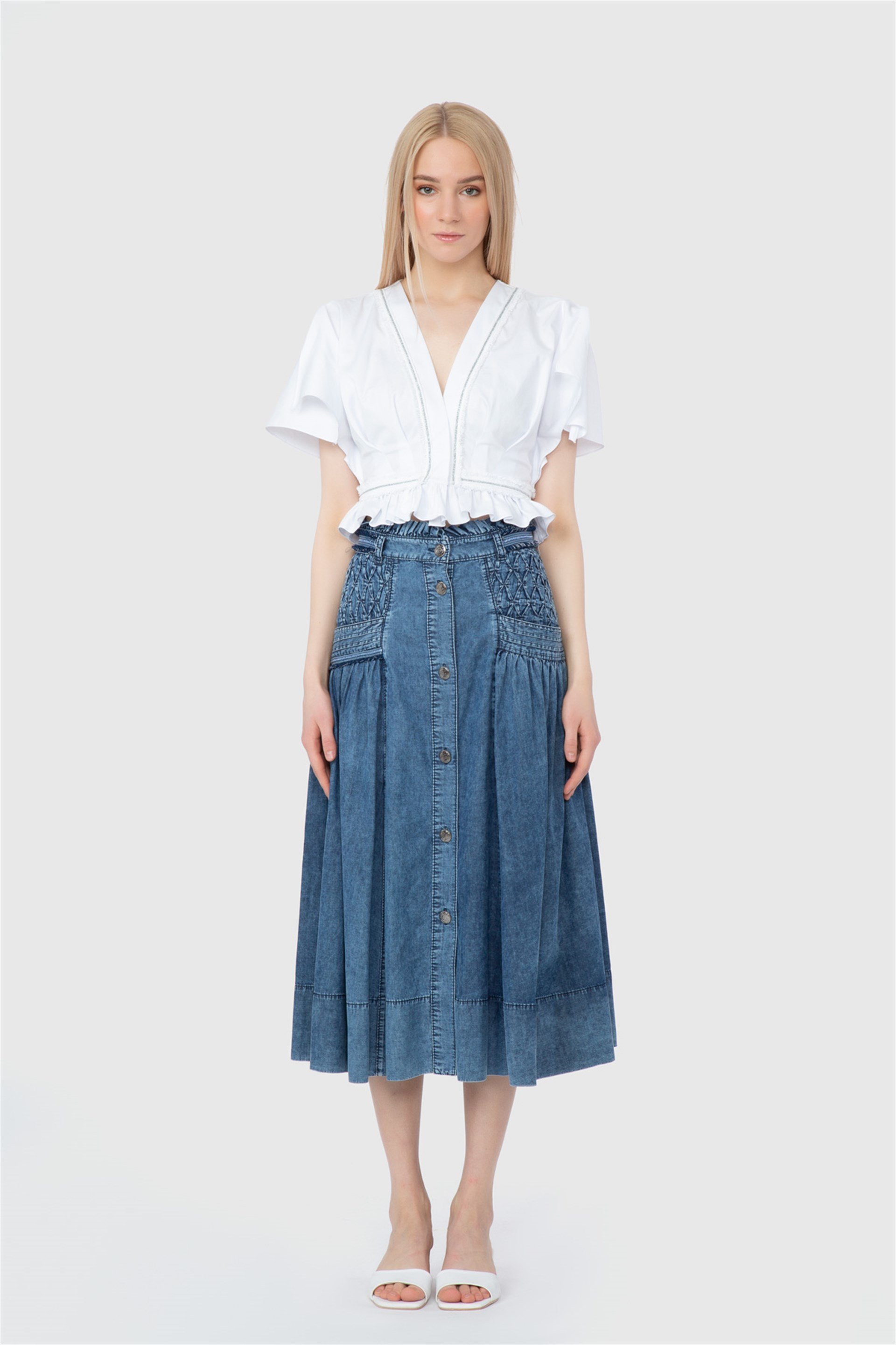 Stripe And Ruffle Detailed V-Neck Crop Length Poplin White Blouse