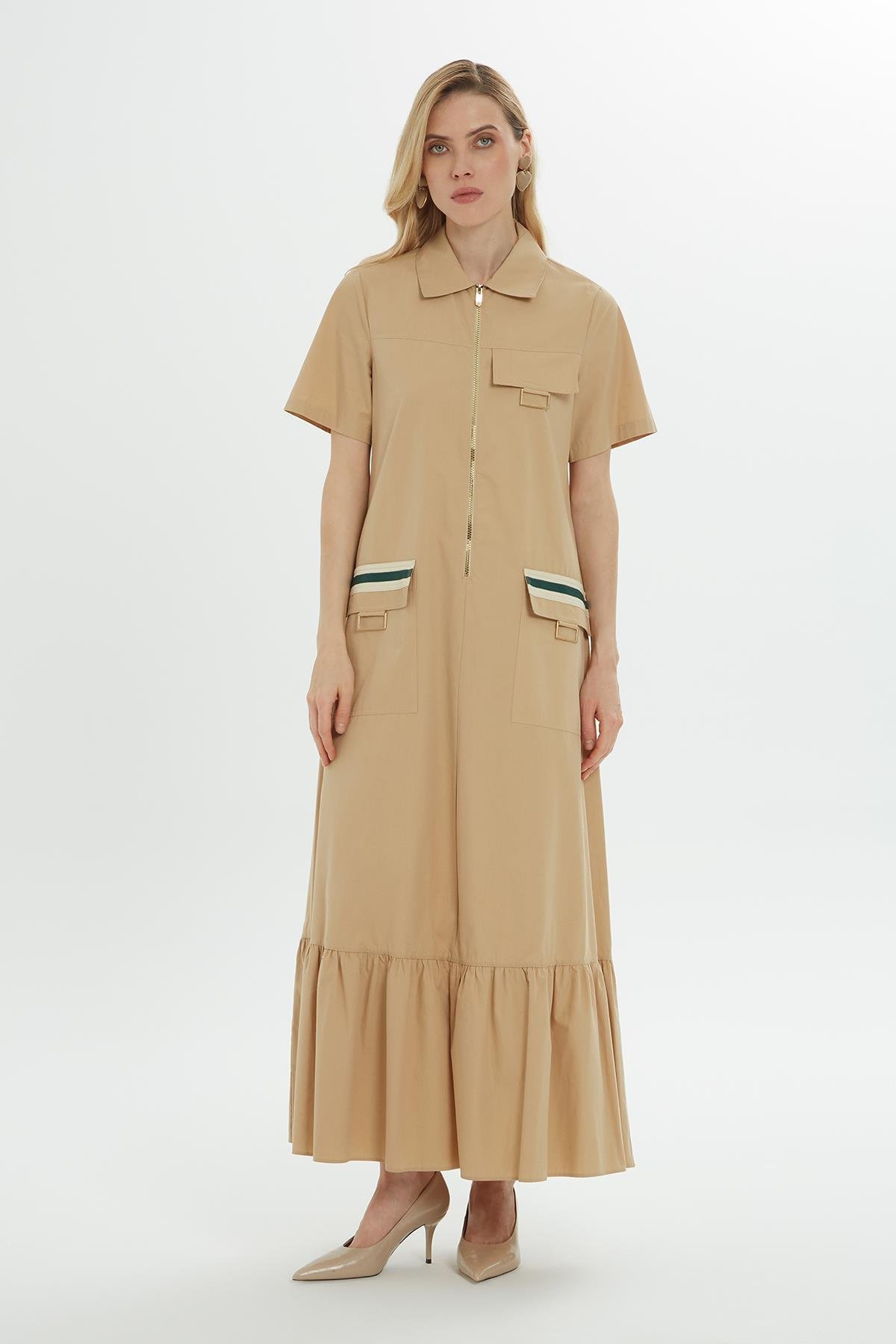 Şerit Ve Metal Toka Detaylı Bej Poplin Elbise