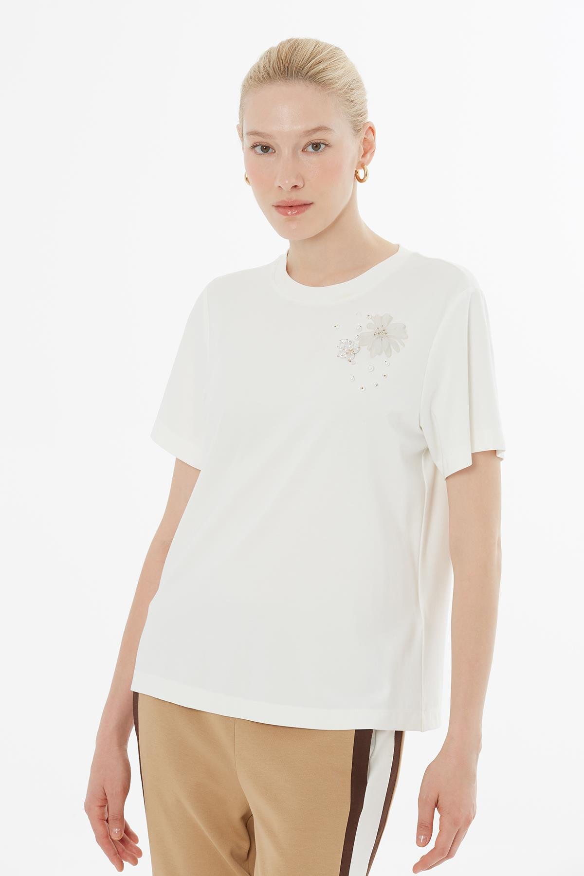 Ecru Blouse with Brooch and Scattered Rhinestones