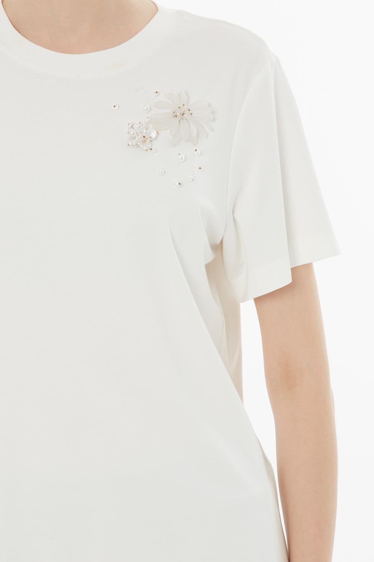 Ecru Blouse with Brooch and Scattered Rhinestones