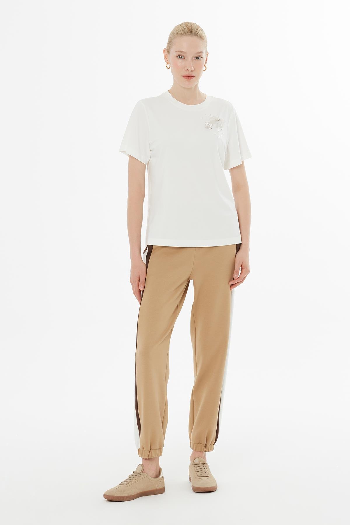 Ecru Blouse with Brooch and Scattered Rhinestones