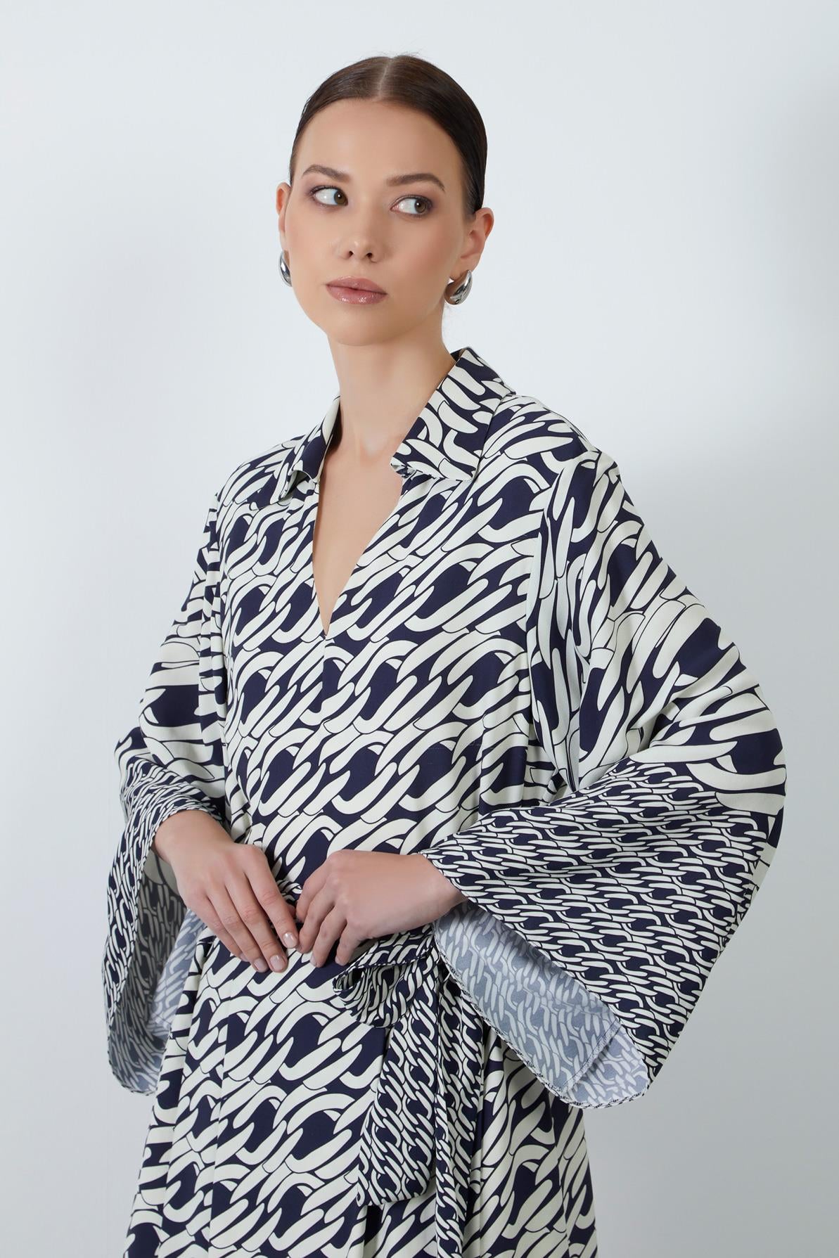 Removable Belt Detail Patterned Long Navy Dress