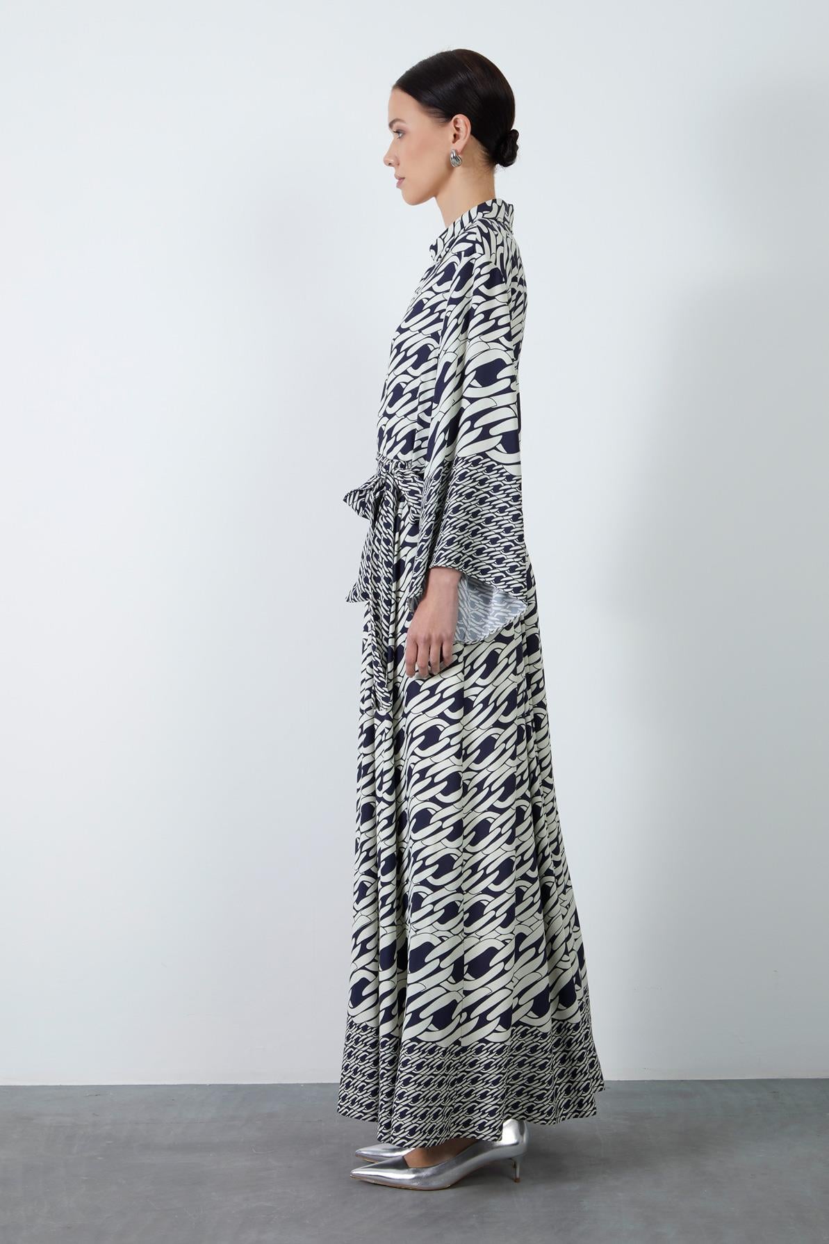 Removable Belt Detail Patterned Long Navy Dress