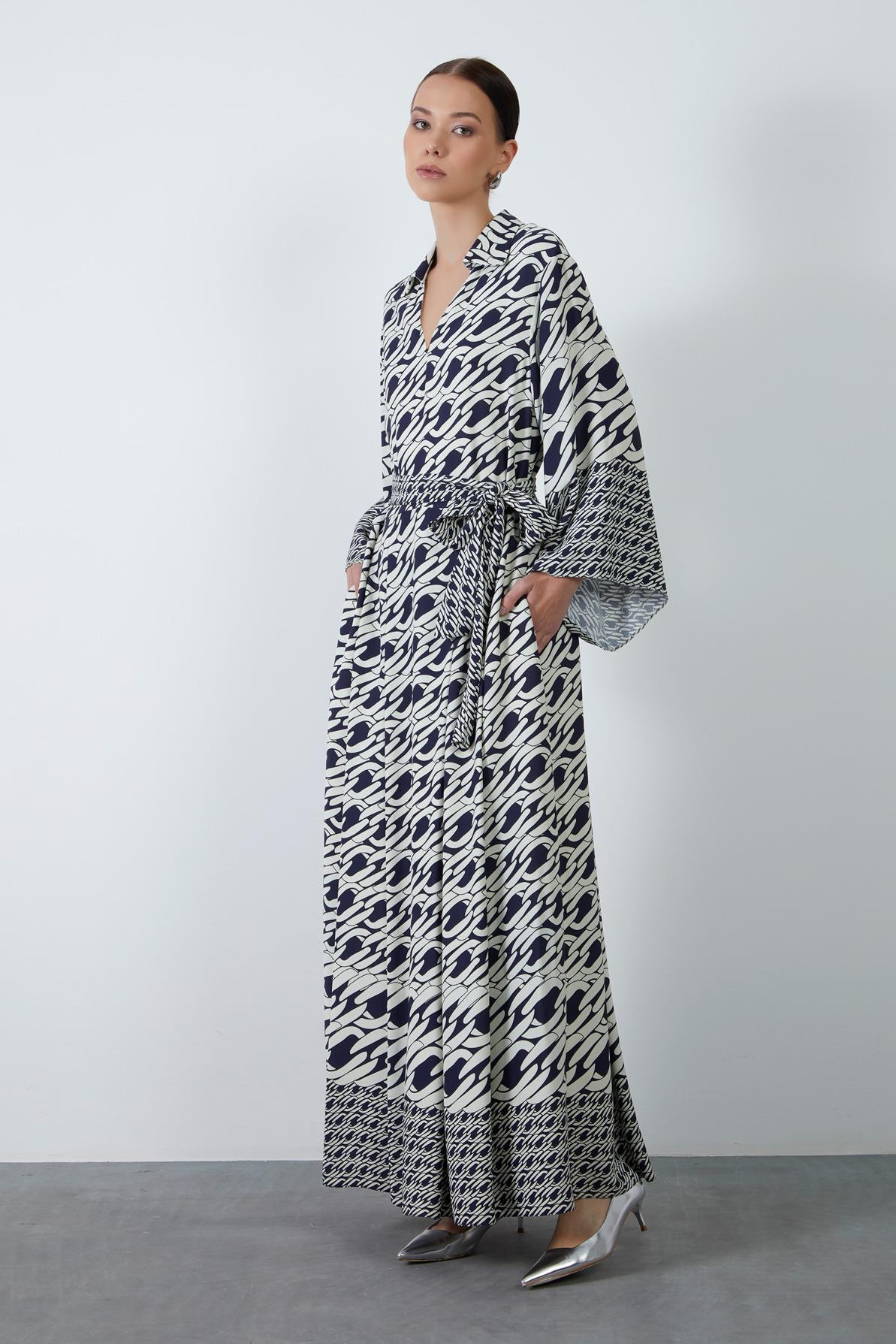 Removable Belt Detail Patterned Long Navy Dress