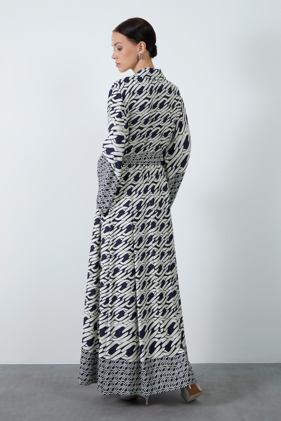Removable Belt Detail Patterned Long Navy Dress
