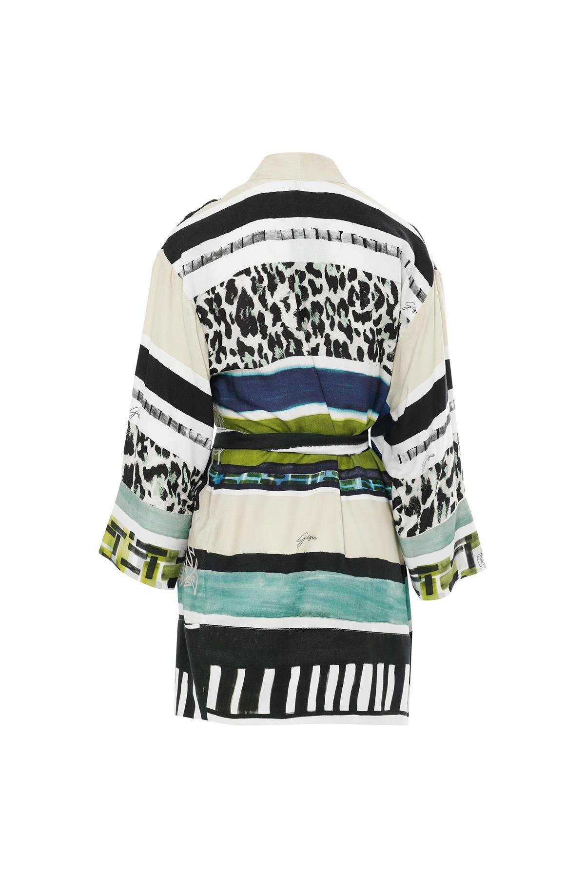 Seyyar Kuşaklı Baskı Desenli Kimono