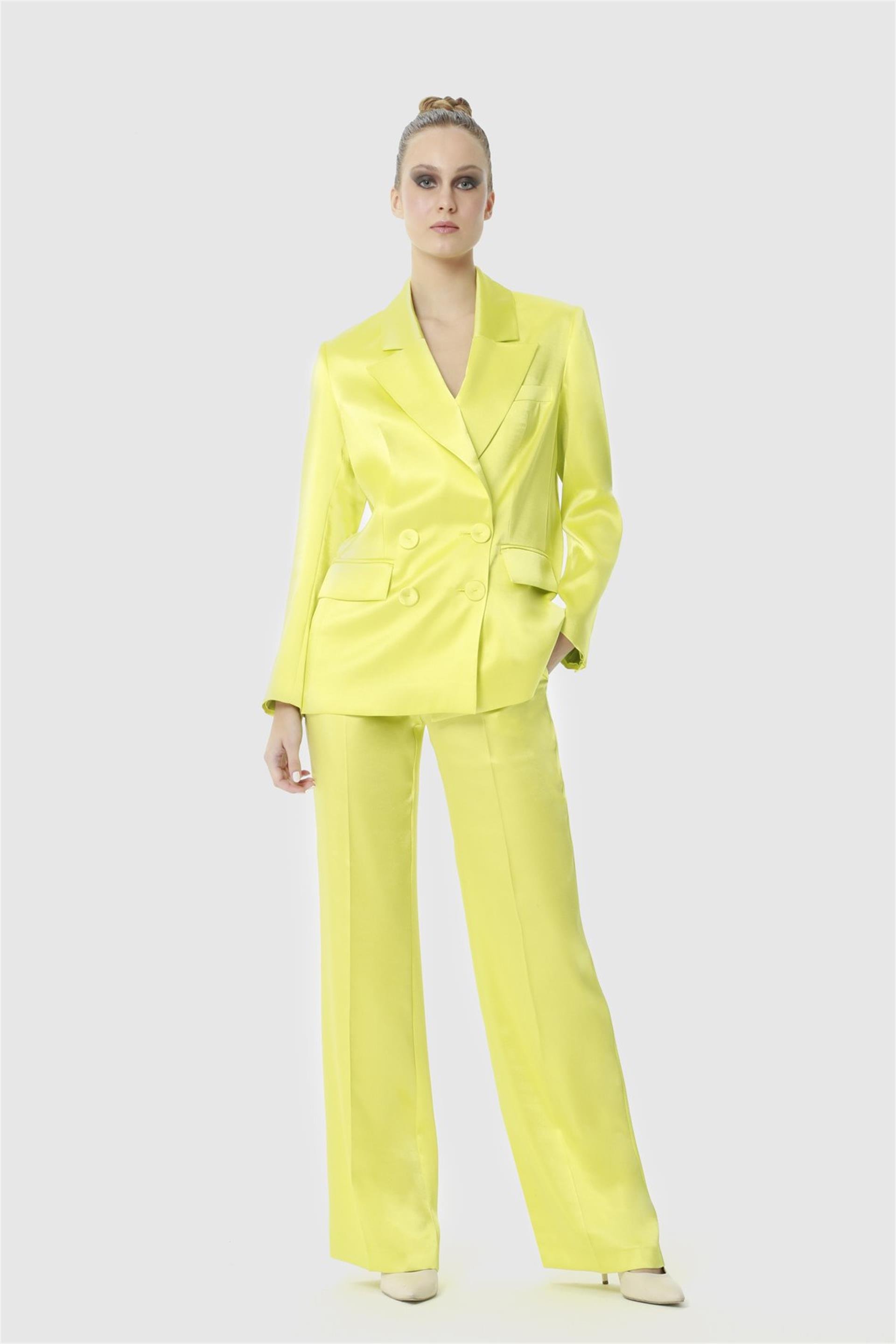 Blazer Ceketli Mavi Parlak Saten Kumaş Takım Elbise