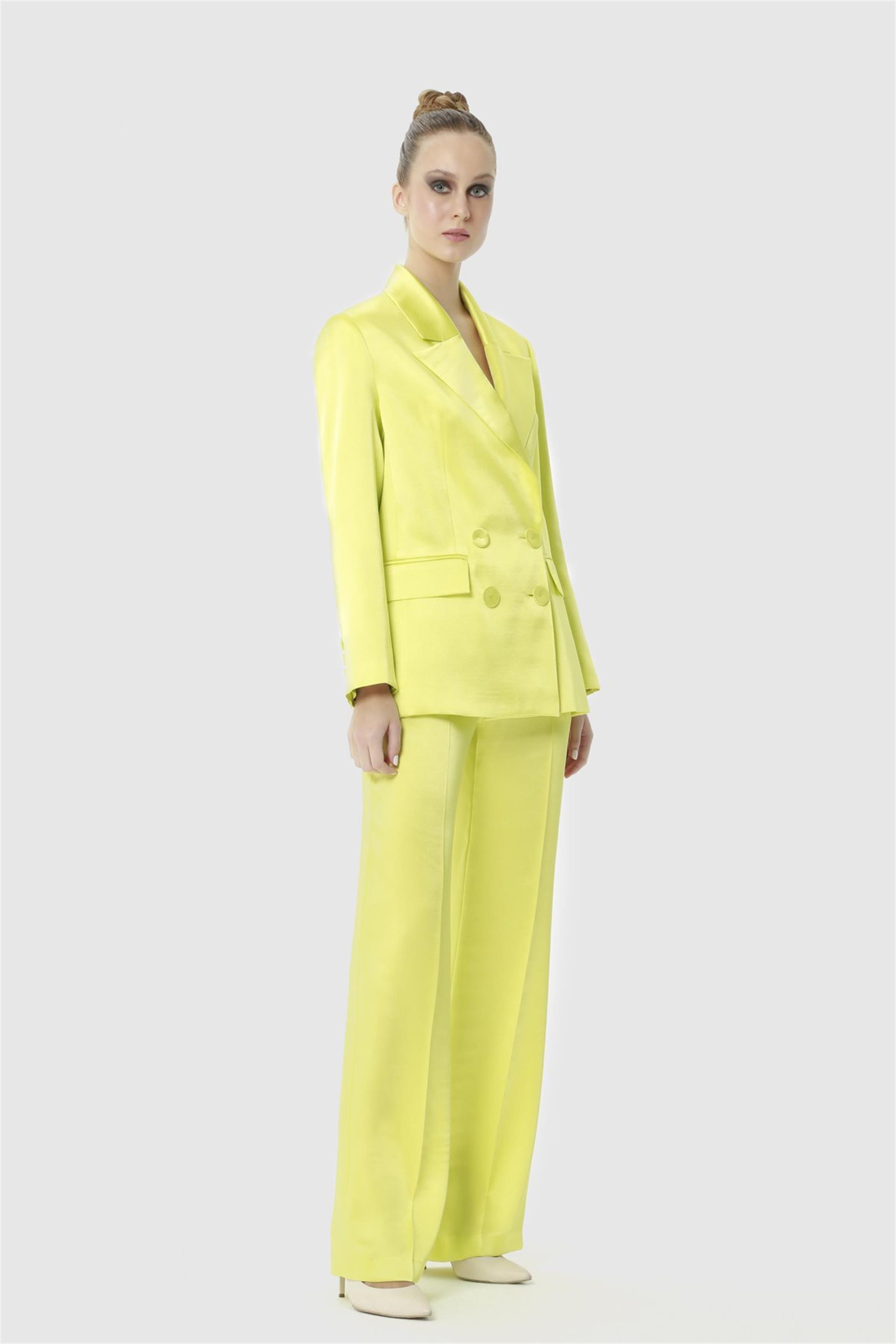 Blazer Ceketli Mavi Parlak Saten Kumaş Takım Elbise