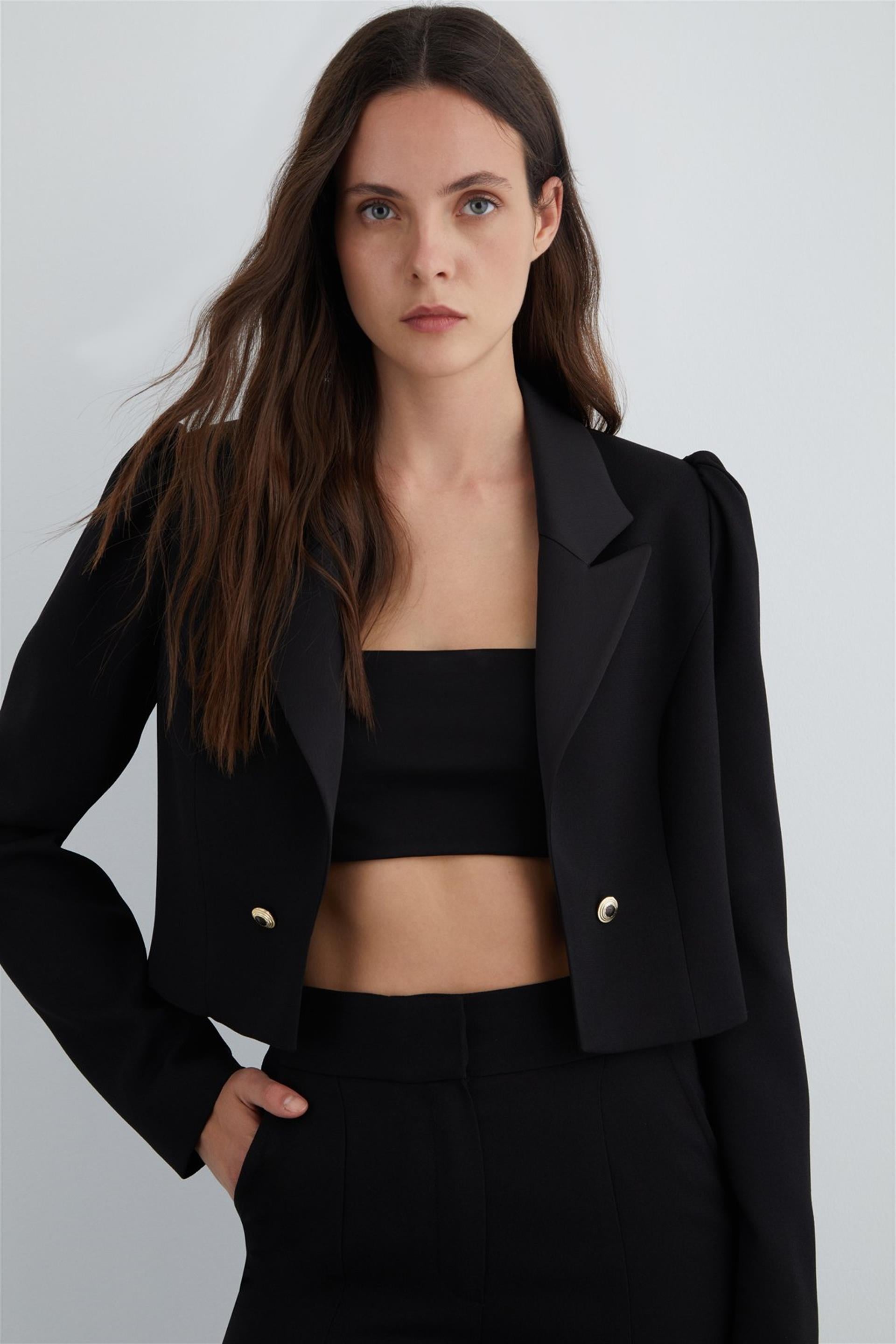 Short Black Jacket with Gold Button Detail