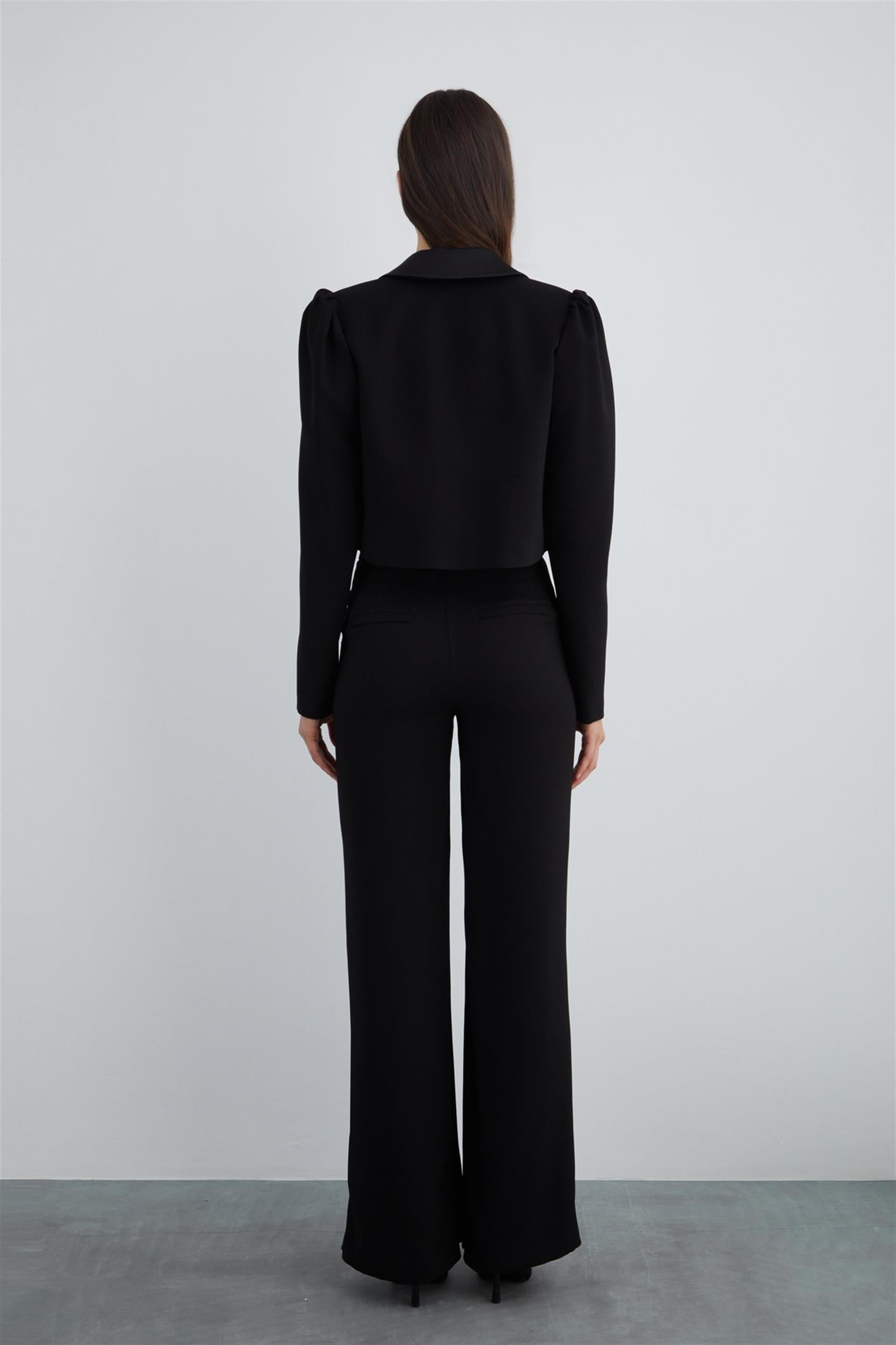 Short Black Jacket with Gold Button Detail
