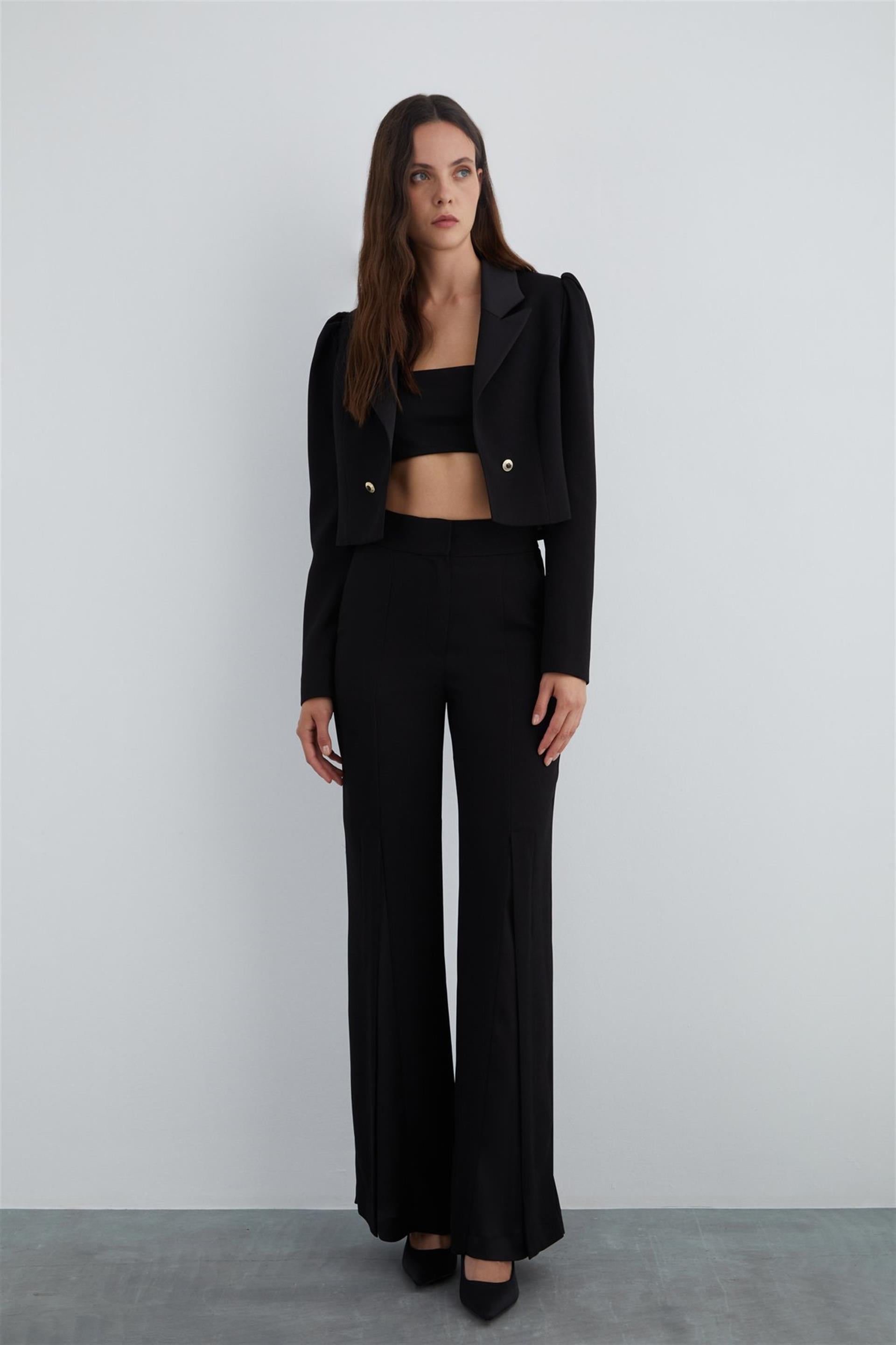 Short Black Jacket with Gold Button Detail