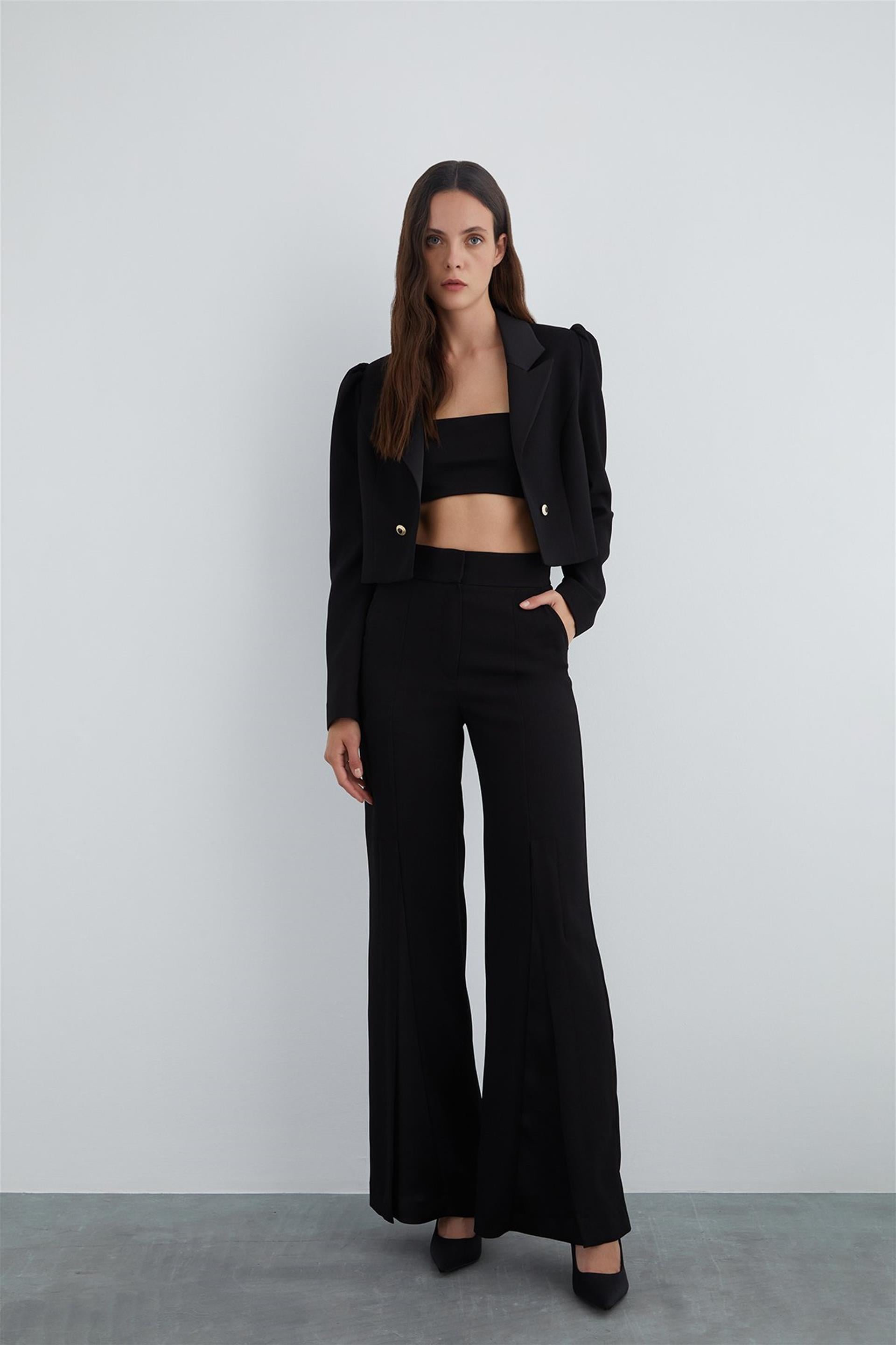 Short Black Jacket with Gold Button Detail