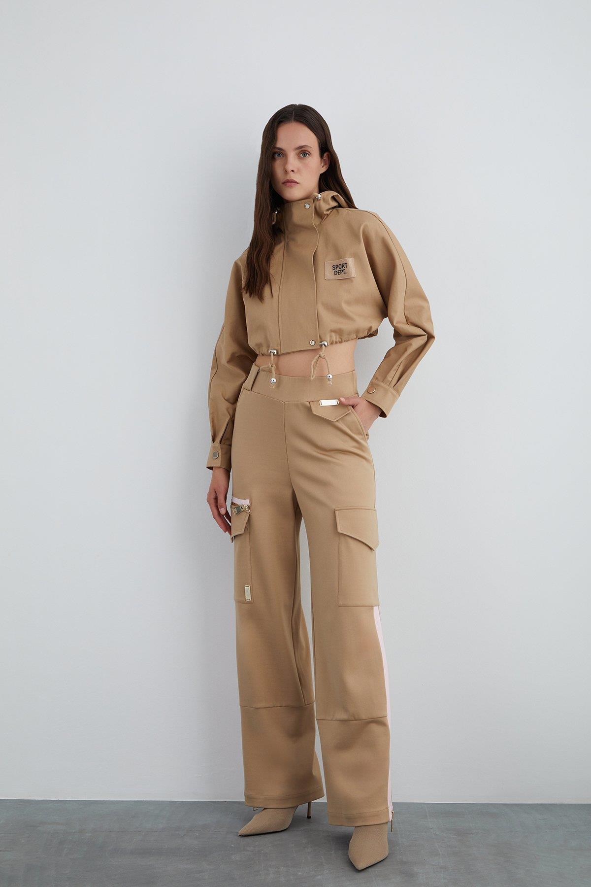 Short Brown Hooded Jacket with Appliqué Embroidery Detail