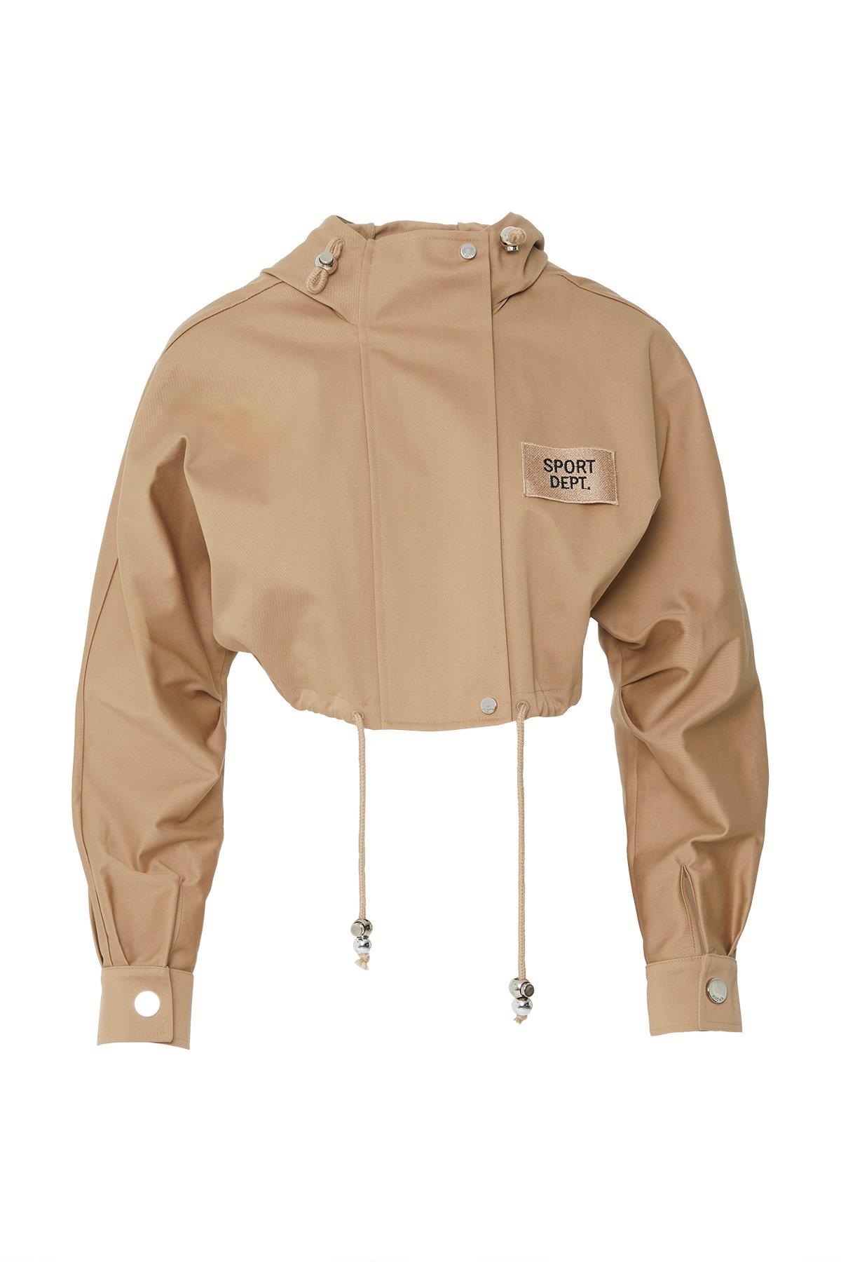 Short Brown Hooded Jacket with Appliqué Embroidery Detail