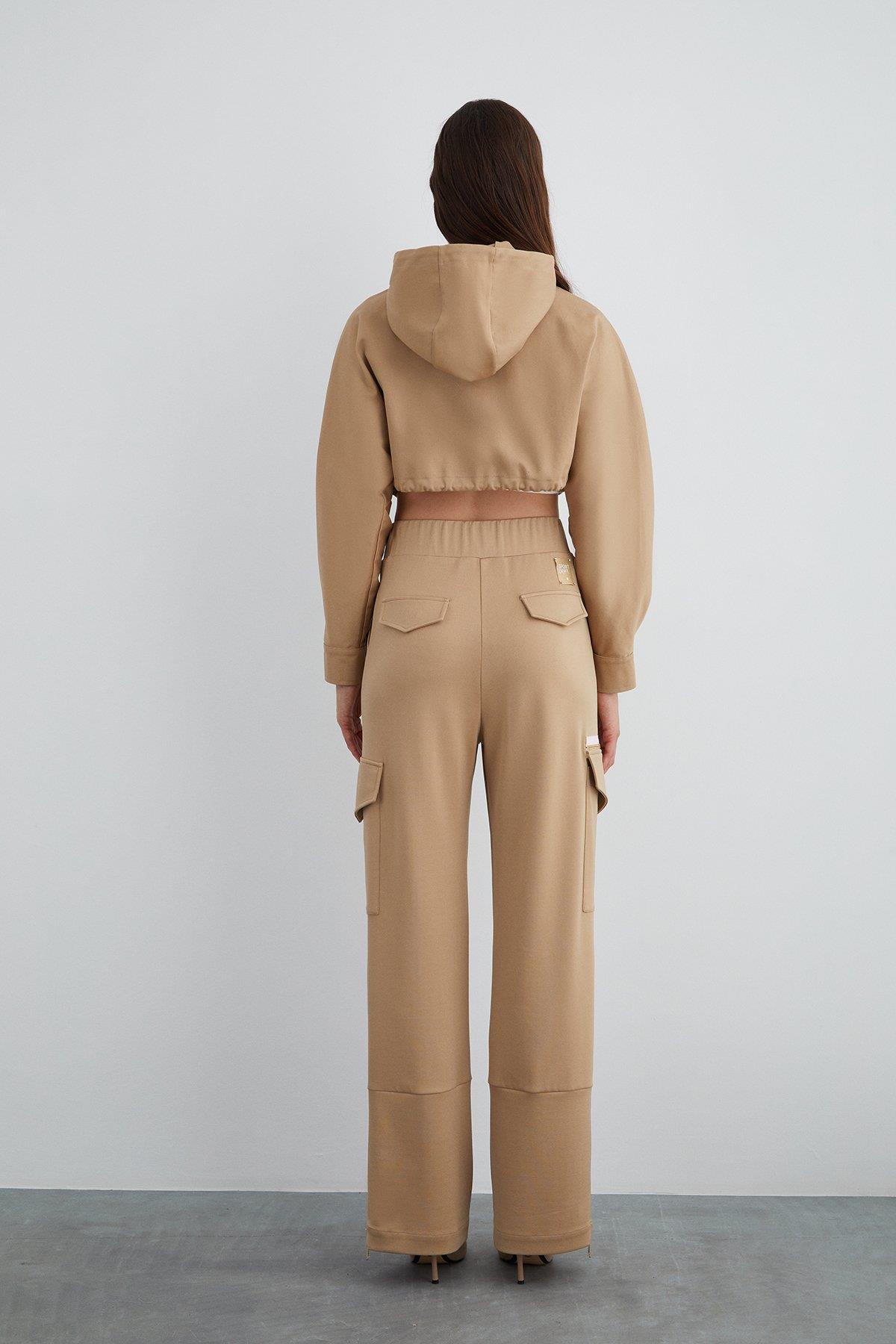 Short Brown Hooded Jacket with Appliqué Embroidery Detail