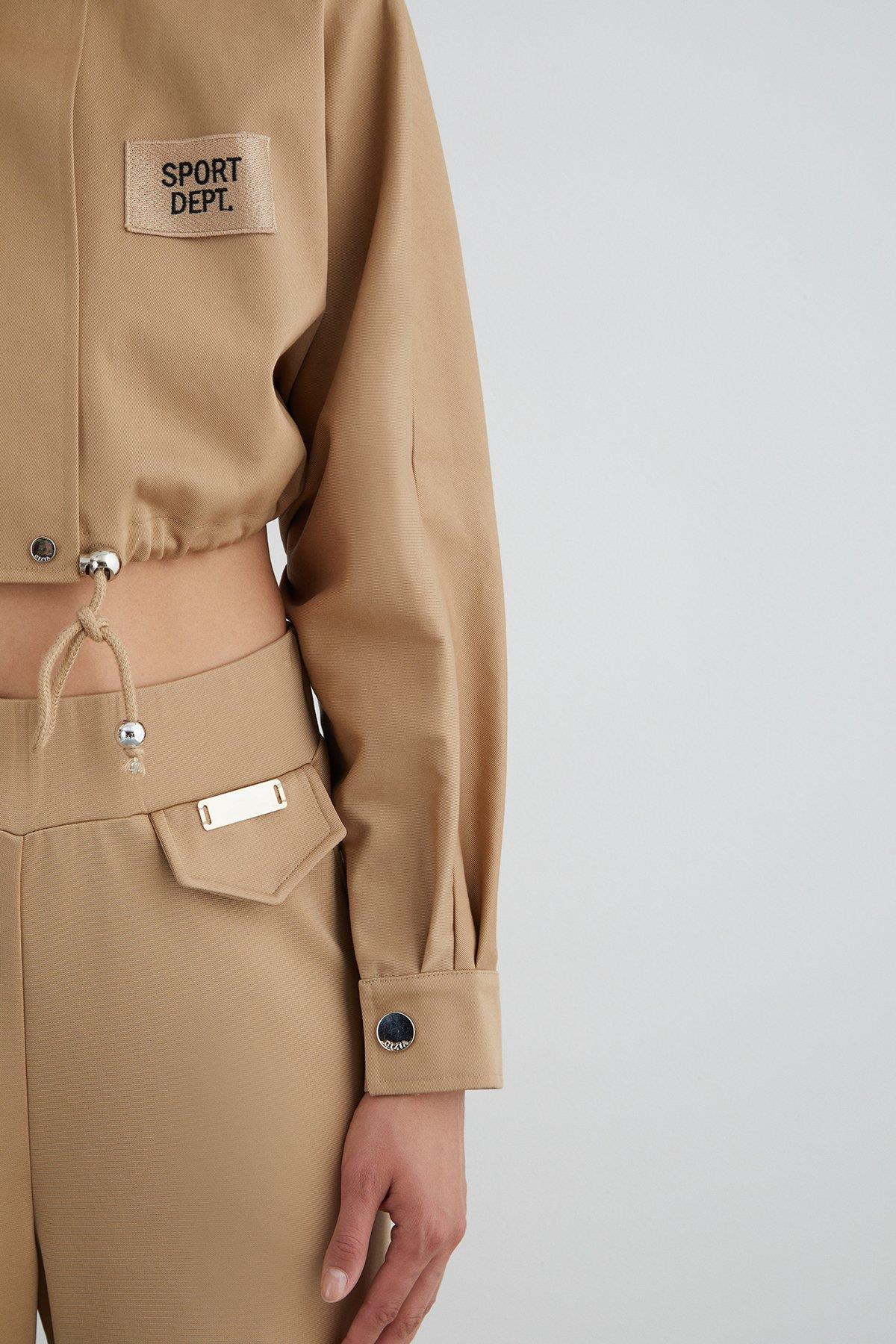 Short Brown Hooded Jacket with Appliqué Embroidery Detail