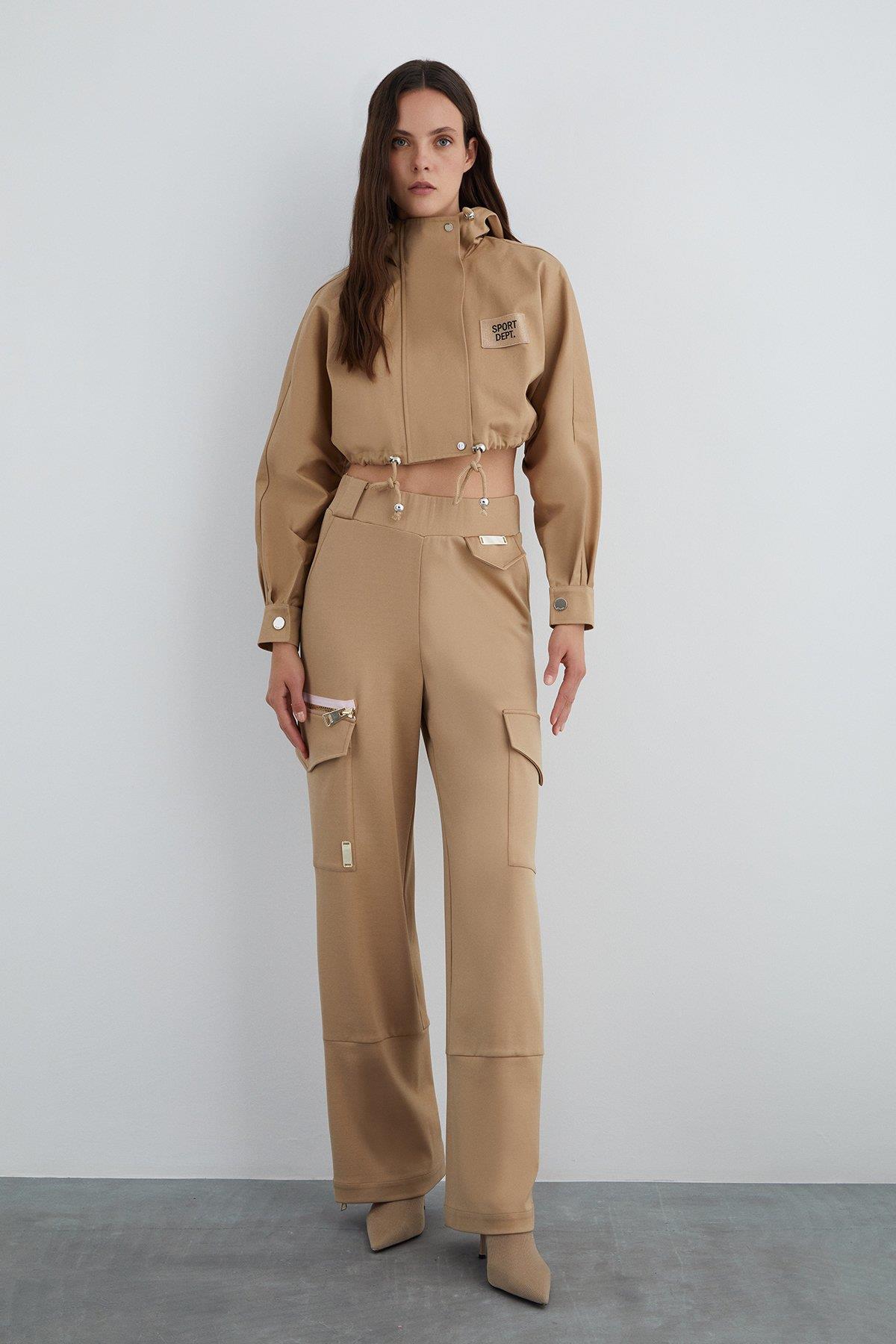 Short Brown Hooded Jacket with Appliqué Embroidery Detail