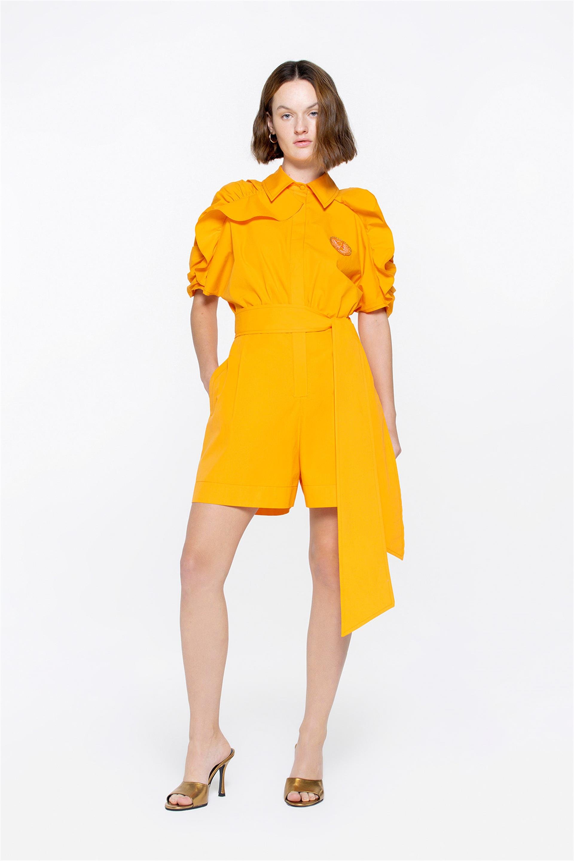 Short Orange Jumpsuit With Shirring Sleeves With Embroidery Applique Detail
