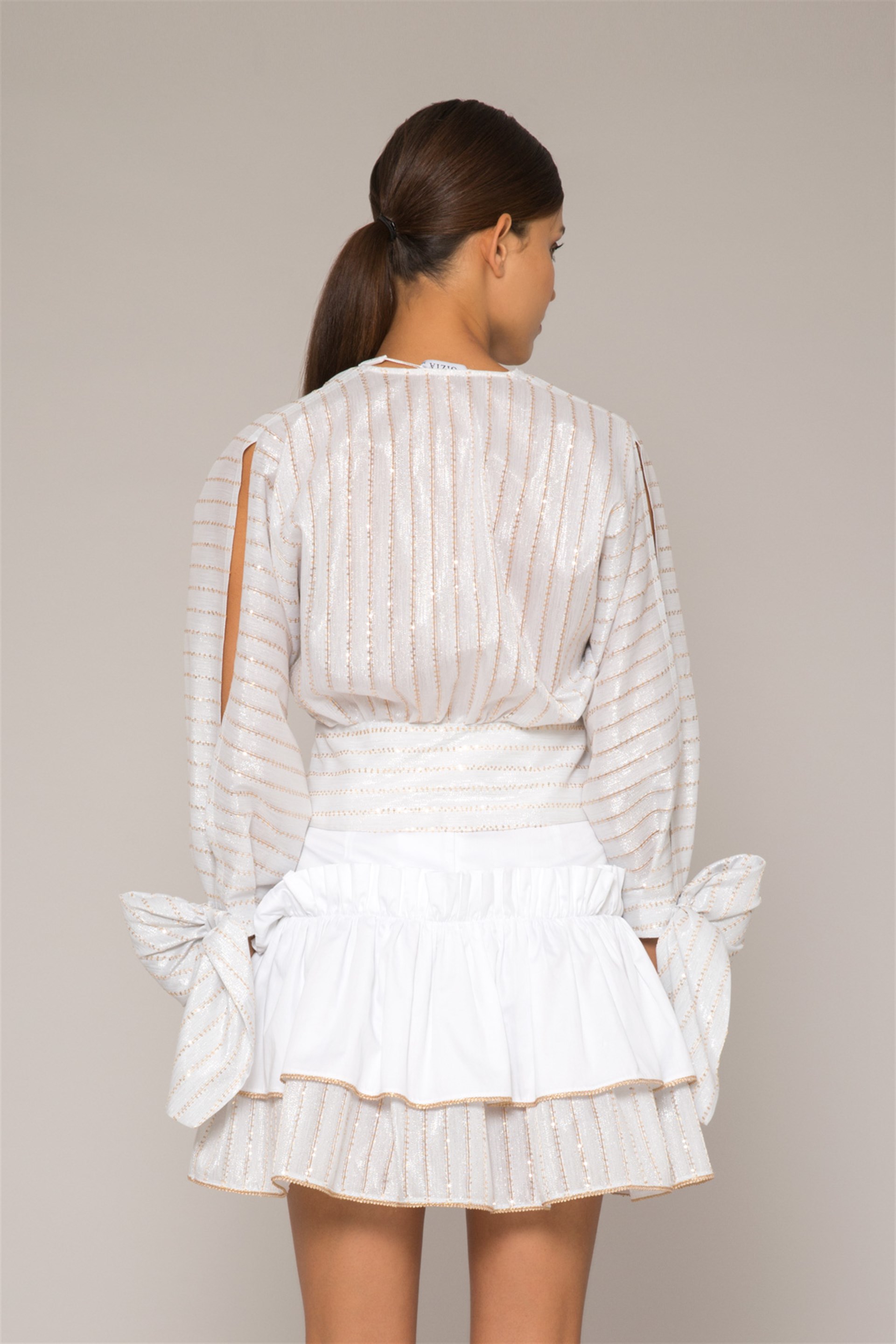 Glittery Striped Wrapped Bow Detailed Organza Blouse