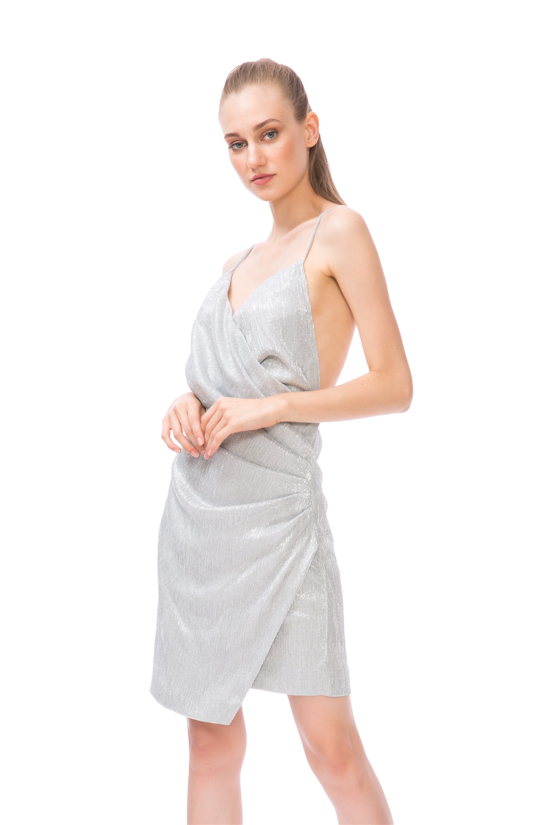 Low Back Double Breasted Collar Silver Mini Dress