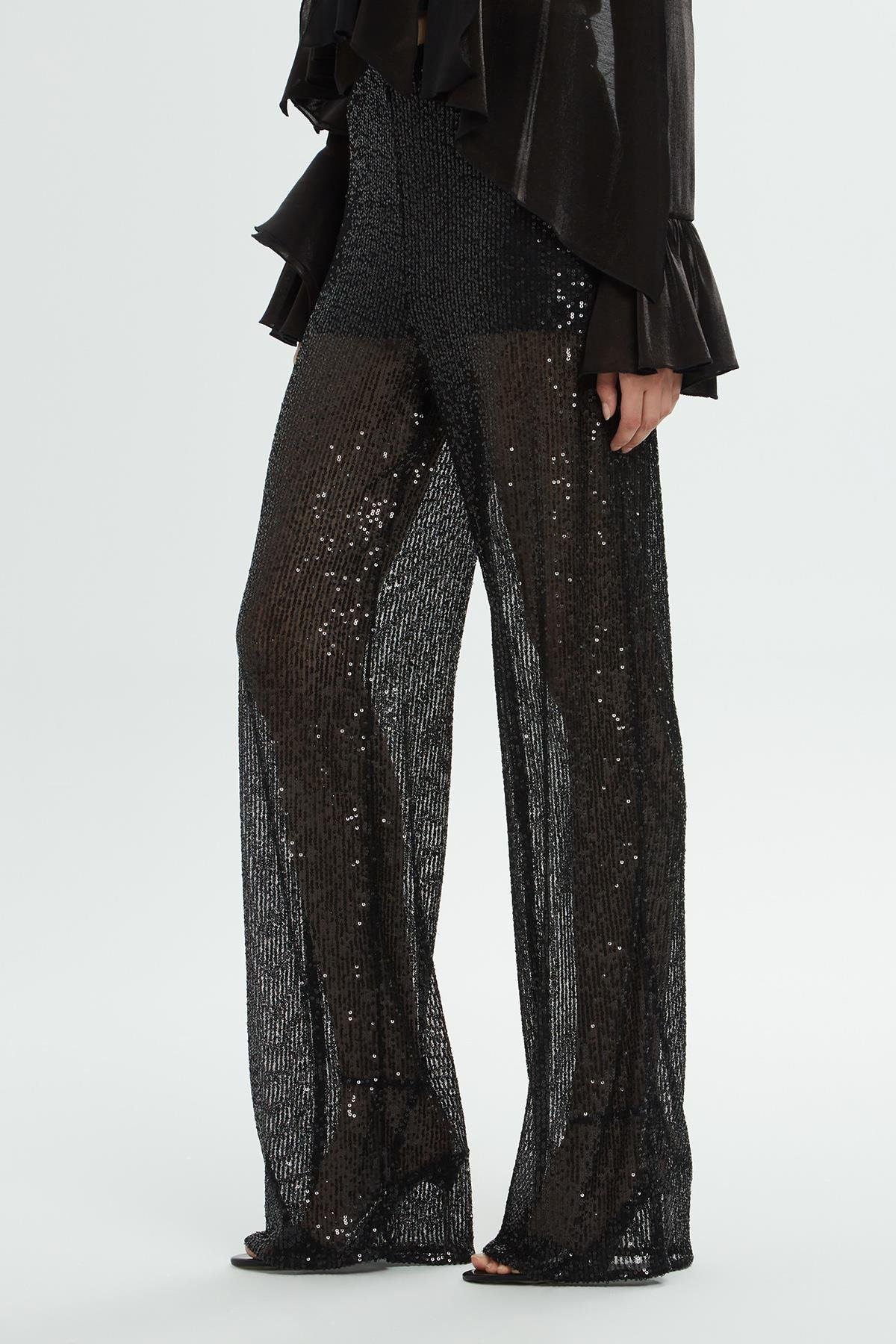 Siyah Payetli Geniş Paça Pantolon