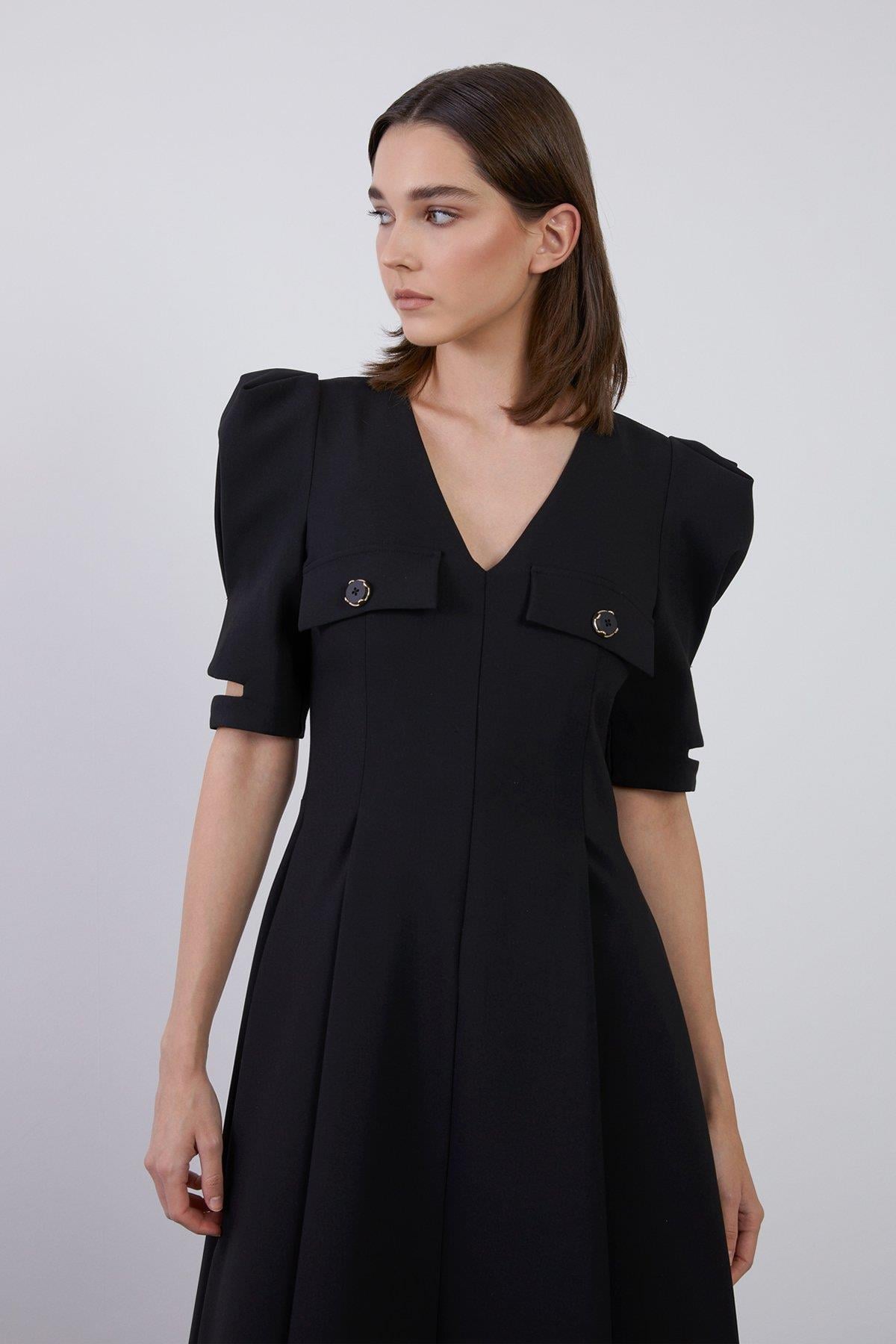 Sleeve Cuff Window Detail Back Zipper Black Dress