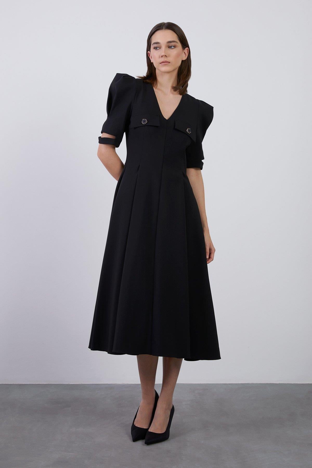 Sleeve Cuff Window Detail Back Zipper Black Dress