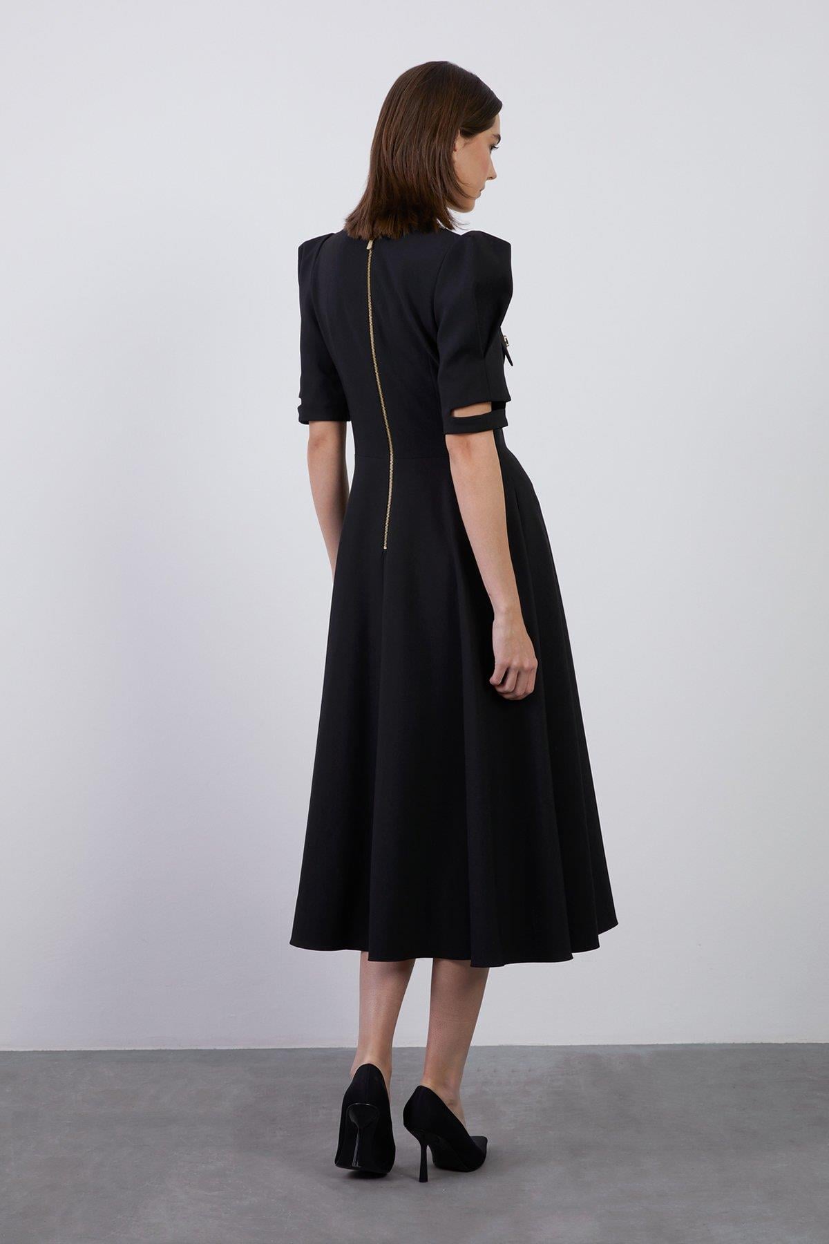 Sleeve Cuff Window Detail Back Zipper Black Dress