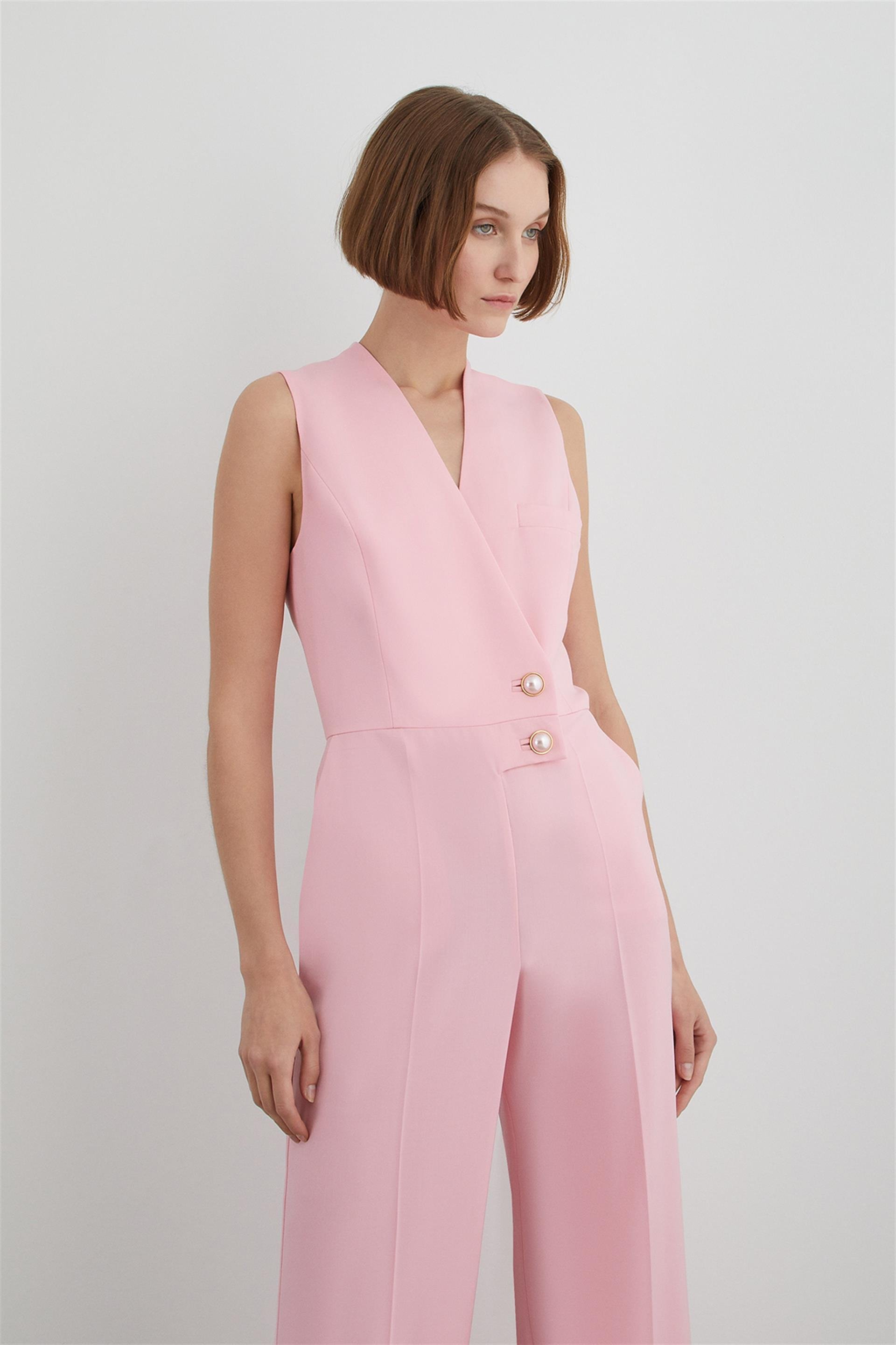 Sleeveless Pink Long Jumpsuit With Pearl And Gold Detail Buttons