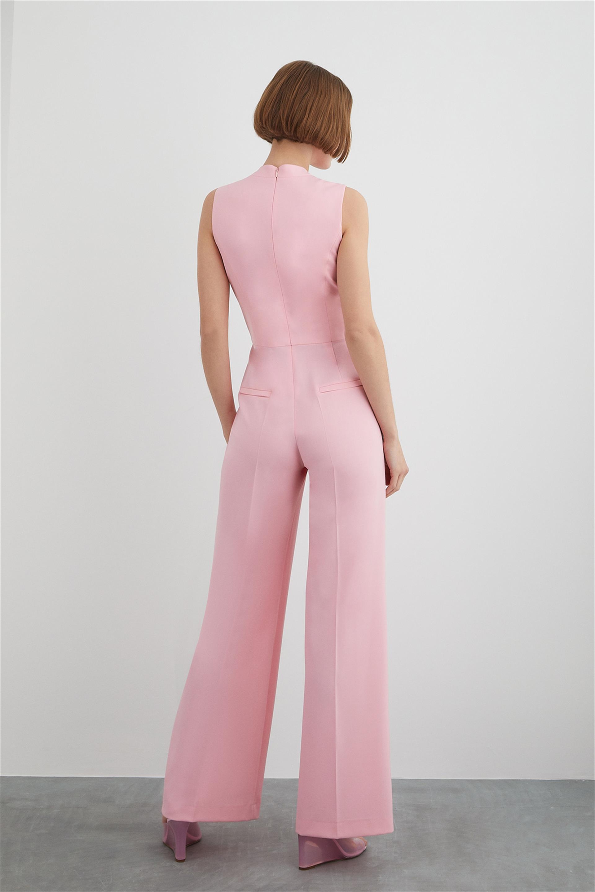 Sleeveless Pink Long Jumpsuit With Pearl And Gold Detail Buttons