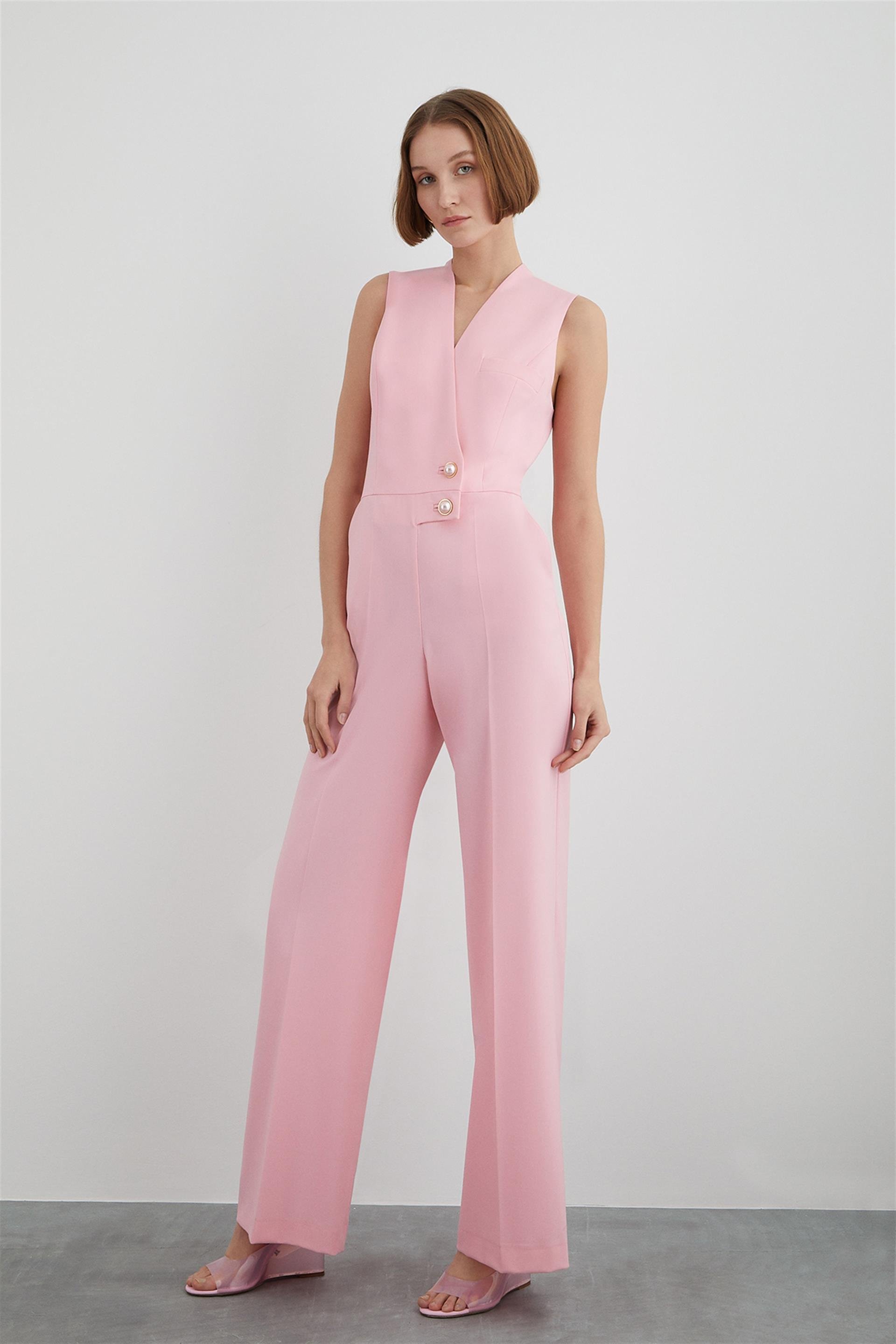 Sleeveless Pink Long Jumpsuit With Pearl And Gold Detail Buttons