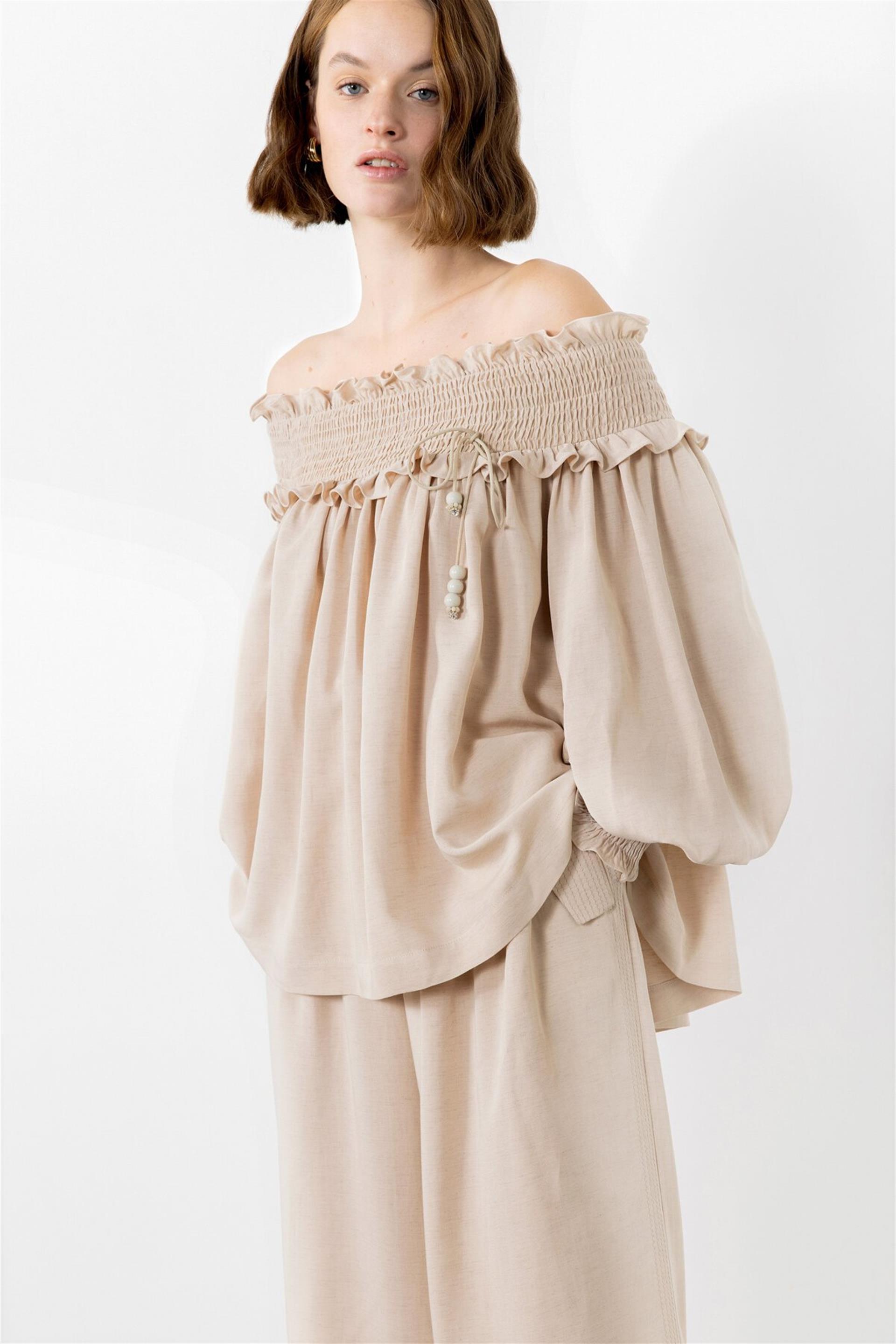 Stone Embroidered Beige Blouse