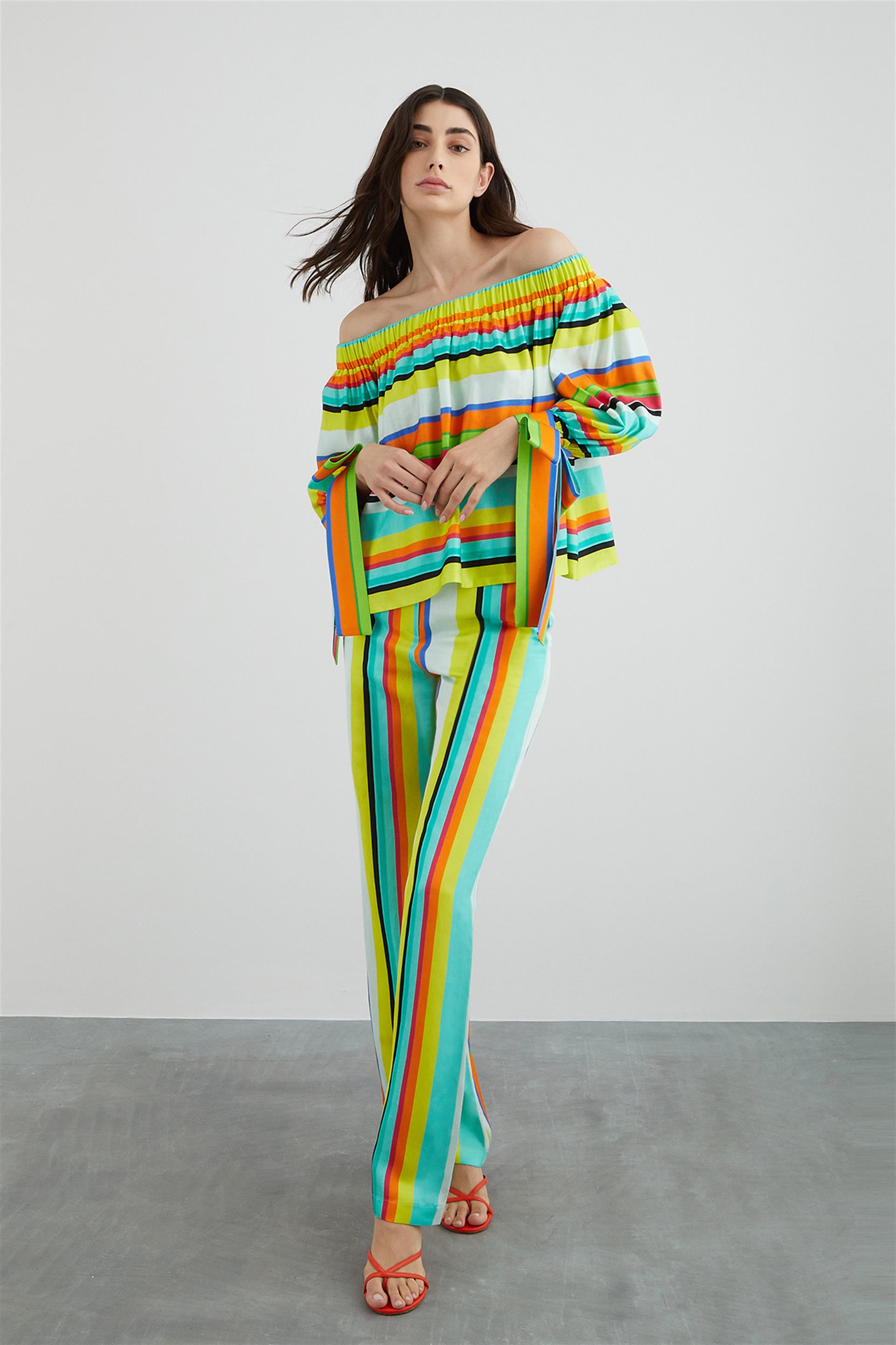 Striped Blouse with Boat Collar Cuff Detail