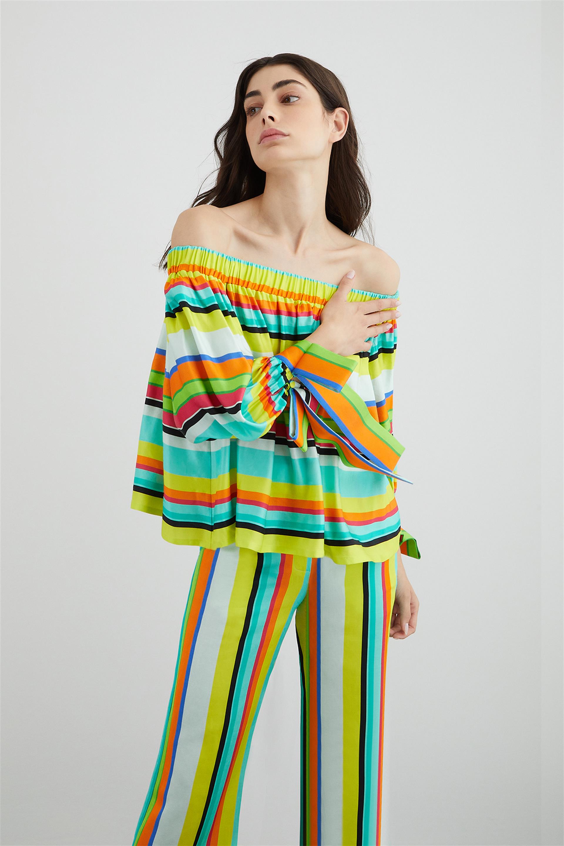 Striped Blouse with Boat Collar Cuff Detail